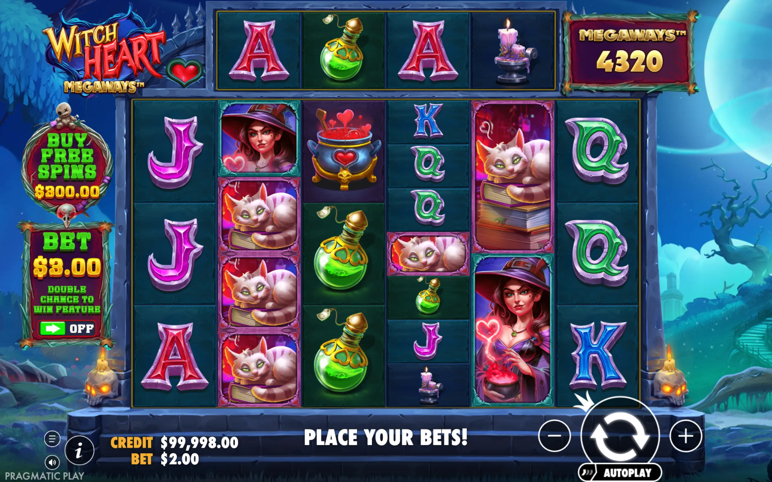 Witch Heart Megaways slot game interface featuring a witch, magical cat, potion bottles, and mystical symbols with a dark enchanted forest backdrop.