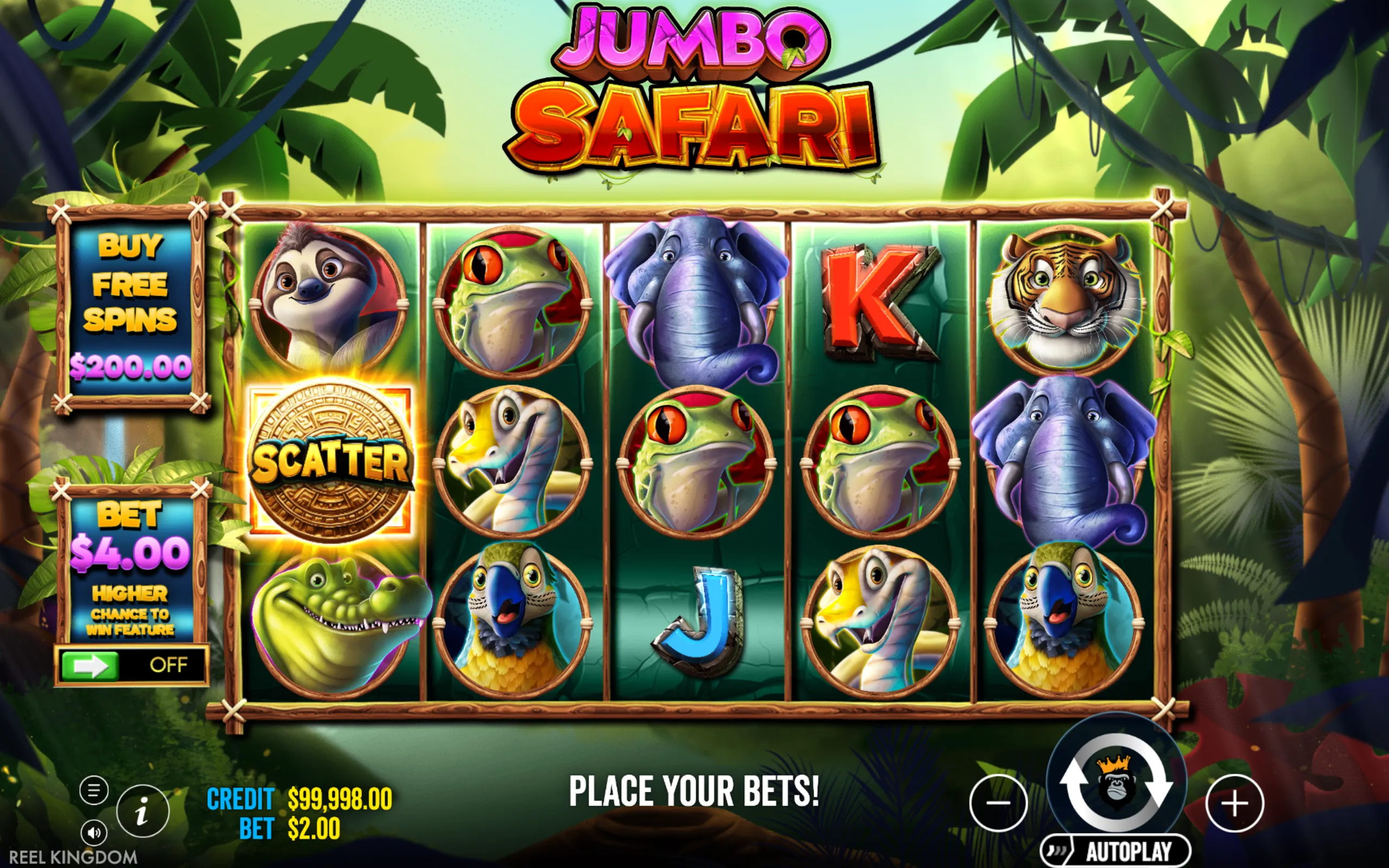 Jumbo Safari slot game with colorful animal symbols including elephant, tiger, frog, and parrot on a jungle-themed reel set