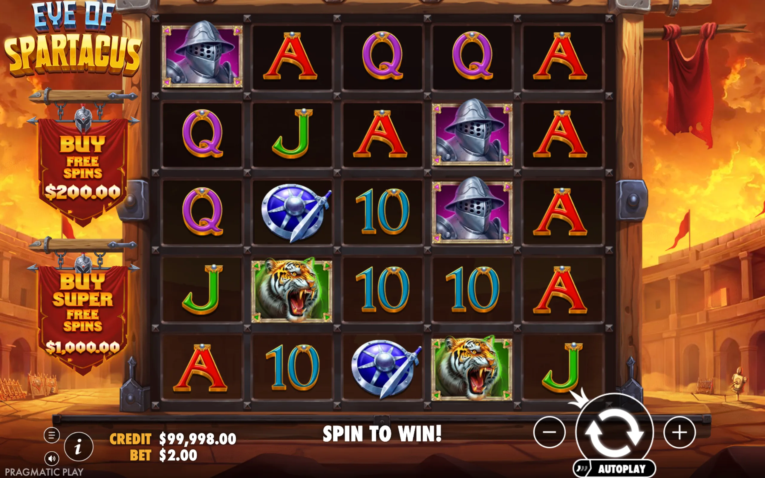 Eye of Spartacus slot game with gladiator helmets, roaring tiger, shields, and classic card symbols on a wooden grid set against a fiery coliseum backdrop
