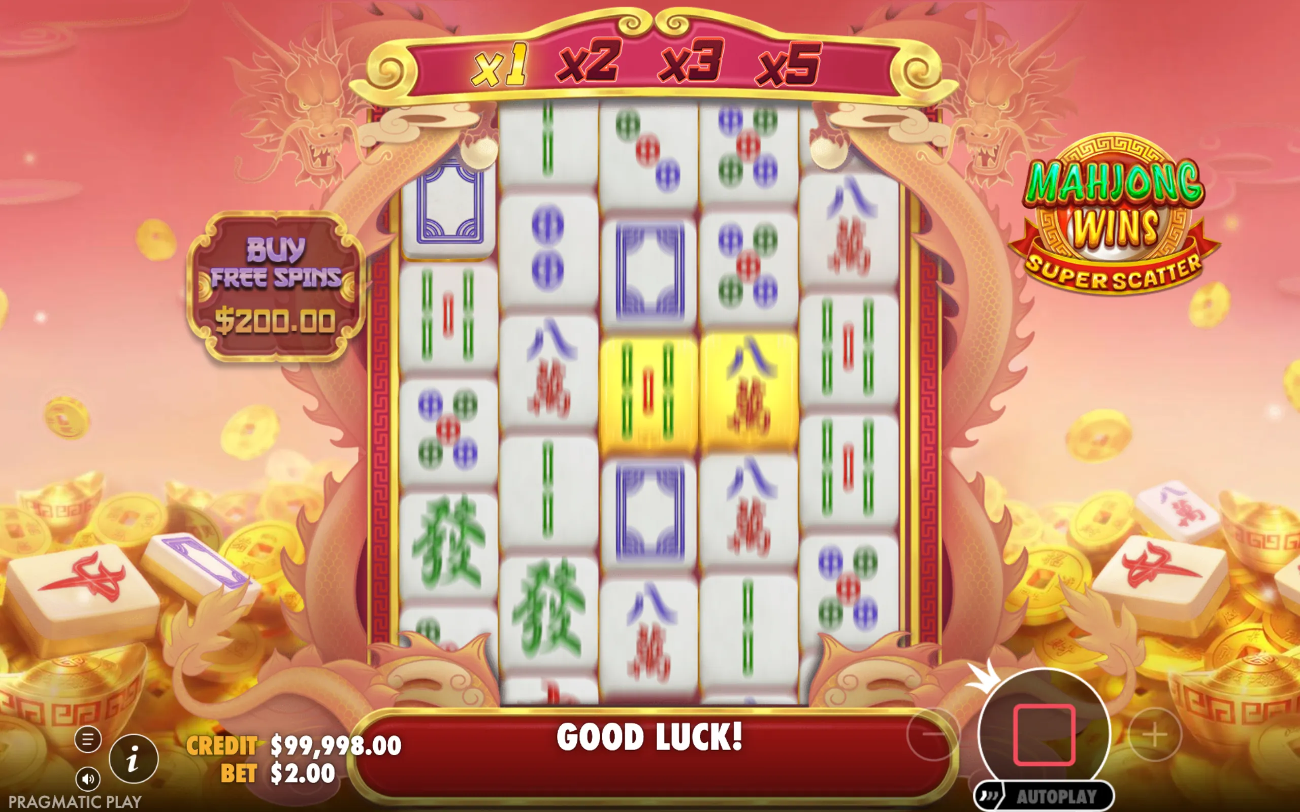 Mahjong-themed slot reels with traditional Mahjong tiles, golden multiplier indicators, and a buy free spins option set against a warm, dragon-accented backdrop.