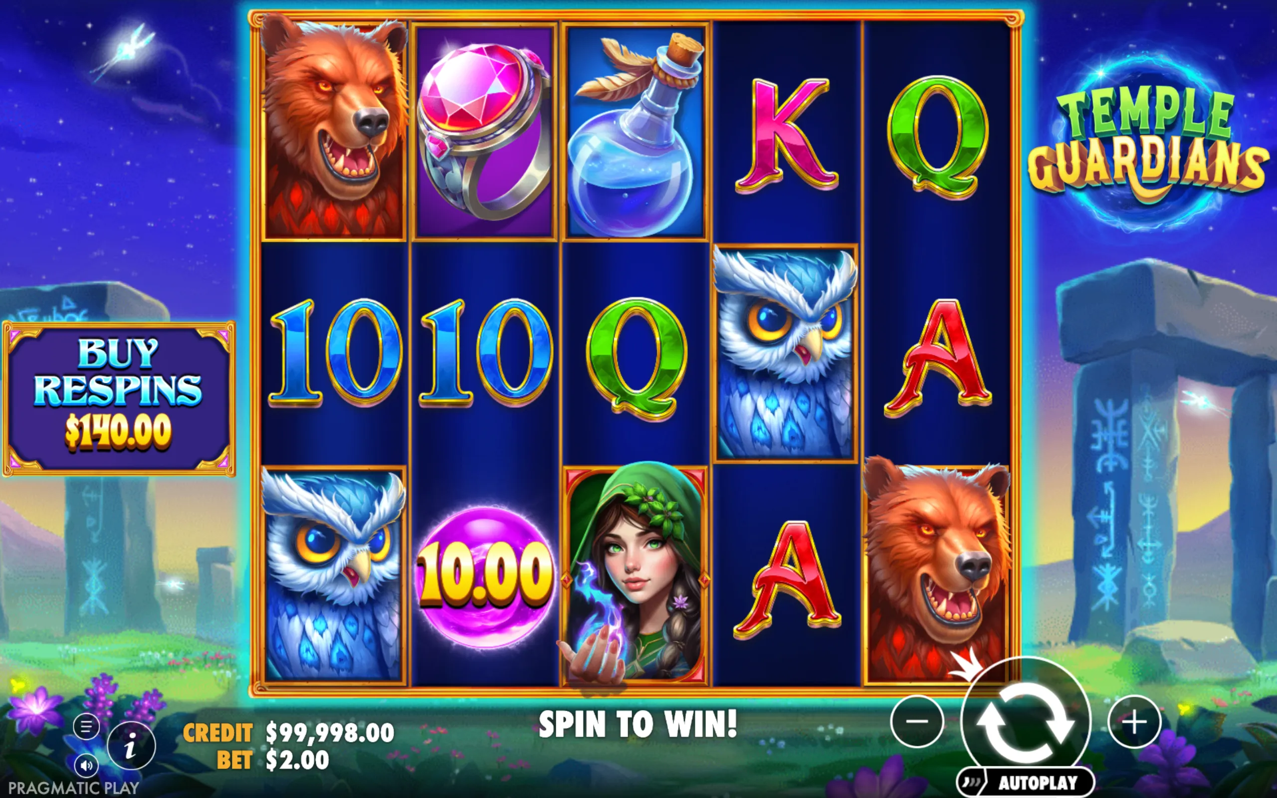 Temple Guardians slot game featuring animal and mystical symbols on a blue reel set with ancient stone pillars in the background under a starry sky.