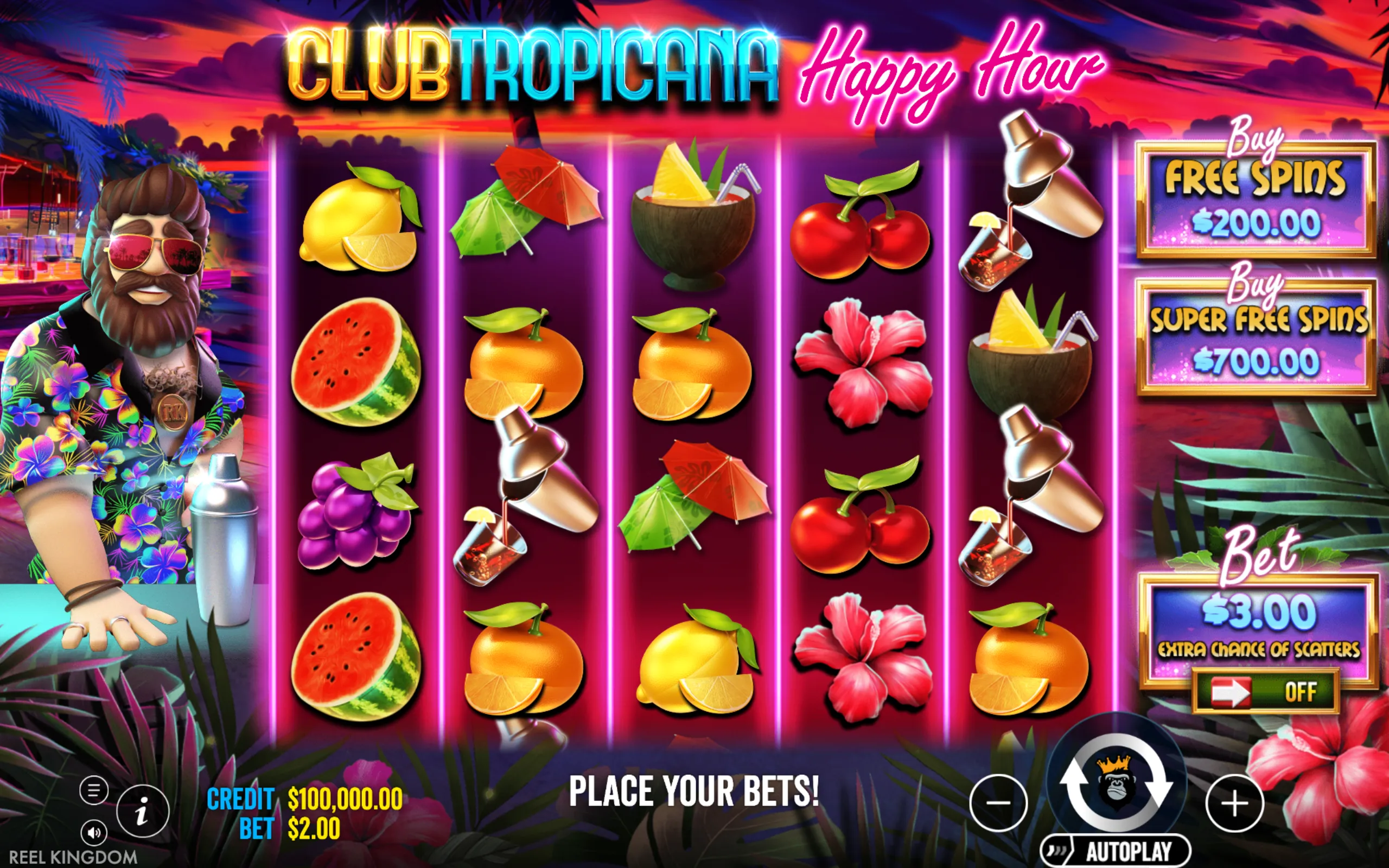 Tropical-themed slot game with vibrant fruit and cocktail symbols, featuring a bearded man in a floral shirt and neon-lit reels.