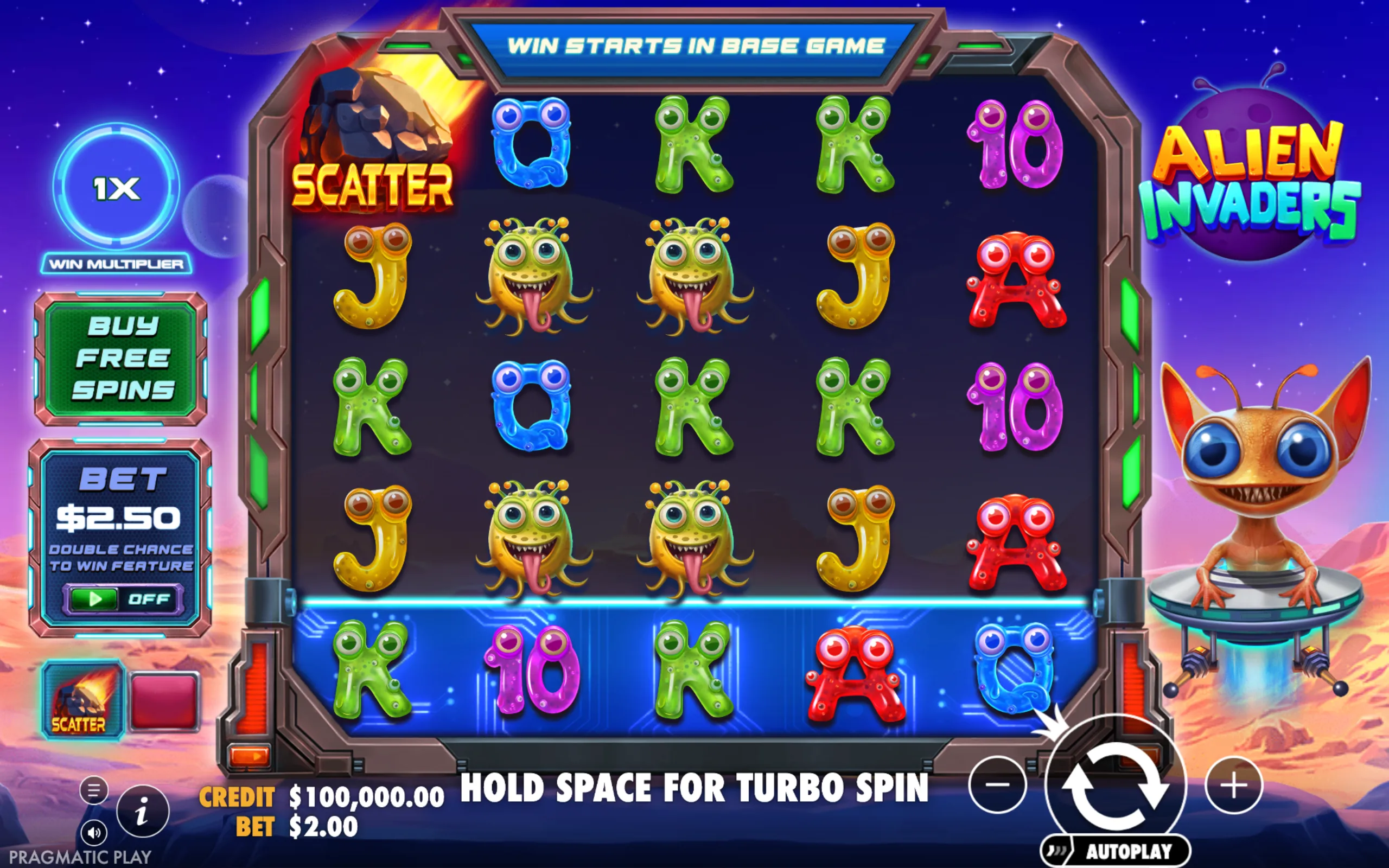 Colorful alien-themed slot game interface featuring cartoonish alien symbols and a friendly alien character beside the reels, set against a starry space backdrop.