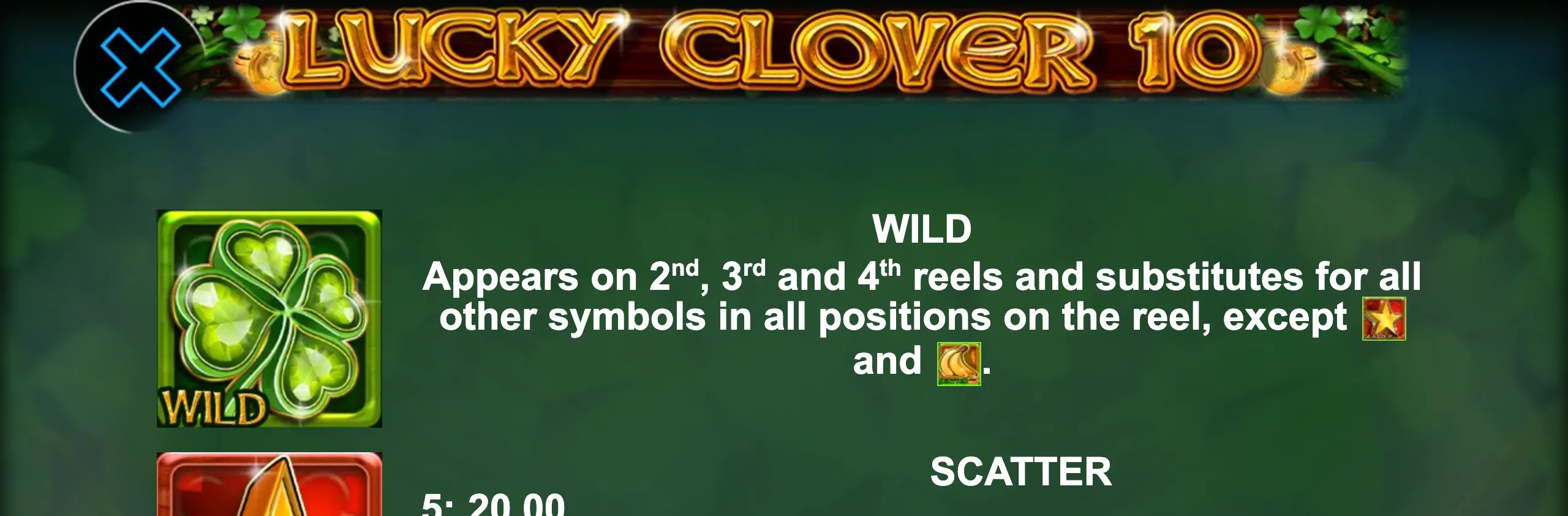 Lucky Clover 10 slot game preview featuring a sparkling green clover wild symbol and bright golden title