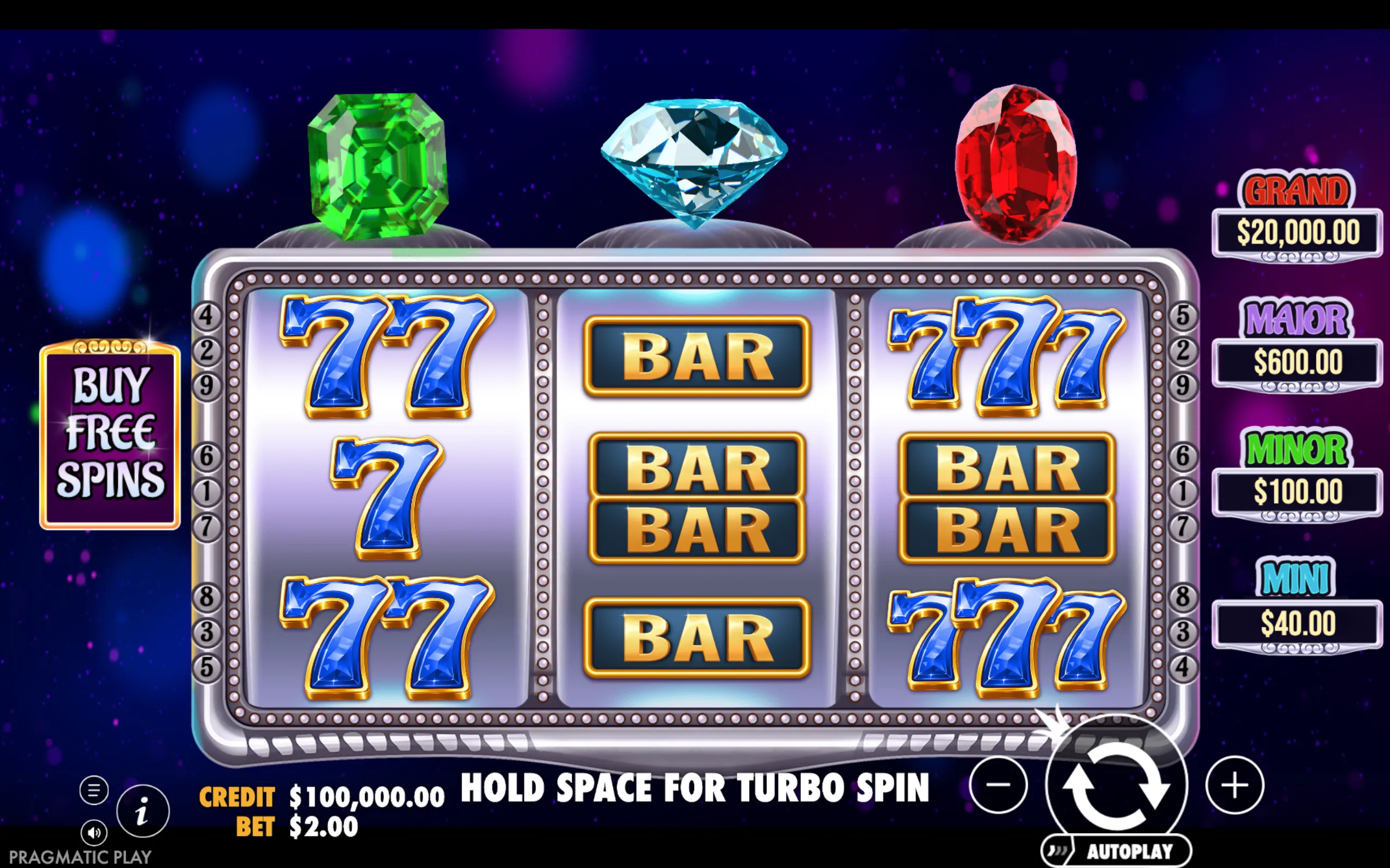 Gem Trio slot game with classic 7s, BAR symbols, and colorful gem icons above the reels, showcasing jackpot tiers and a buy free spins option.