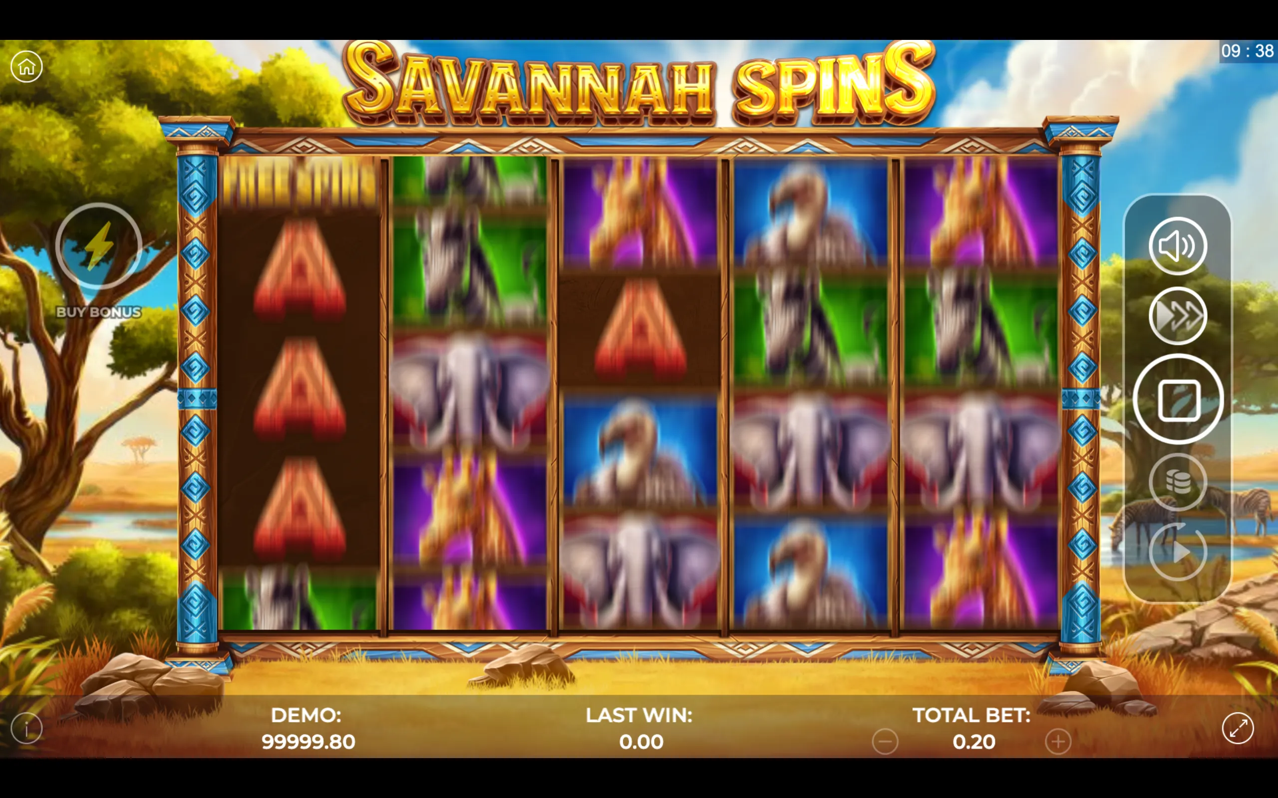 Savannah Spins slot game with animal symbols including giraffe, elephant, vulture, and zebra set against a vibrant savannah backdrop with trees and water.