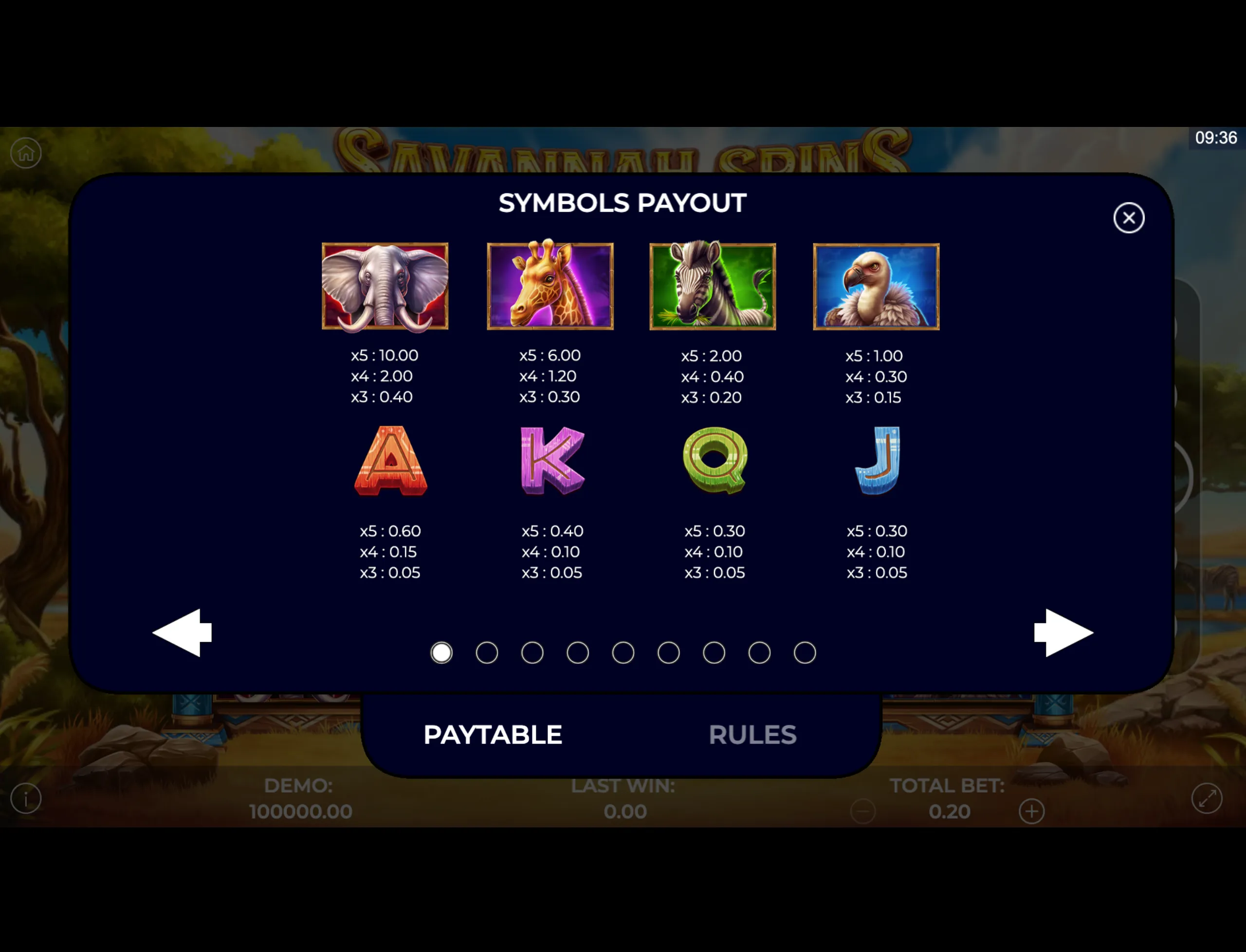 Symbols payout table featuring African savannah animals like elephant, giraffe, zebra, and vulture alongside colorful card suits on a dark background.