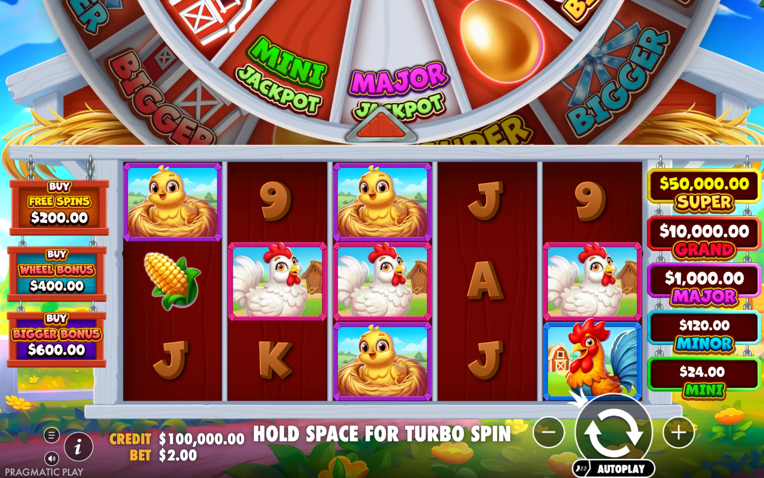 Bright and colorful farm-themed slot interface featuring cartoonish chickens, chicks, corn, and jackpot wheel segments labeled Mini, Major, and Bigger jackpots.
