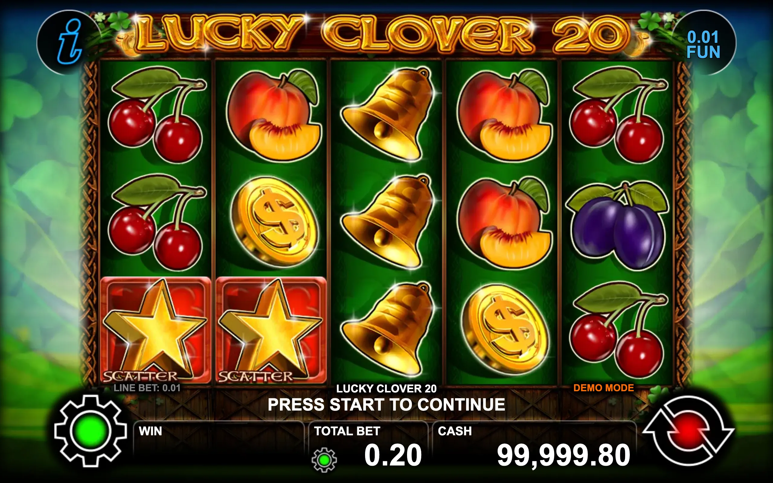Lucky Clover 20 slot game preview with vibrant fruit and gold symbols on green reels