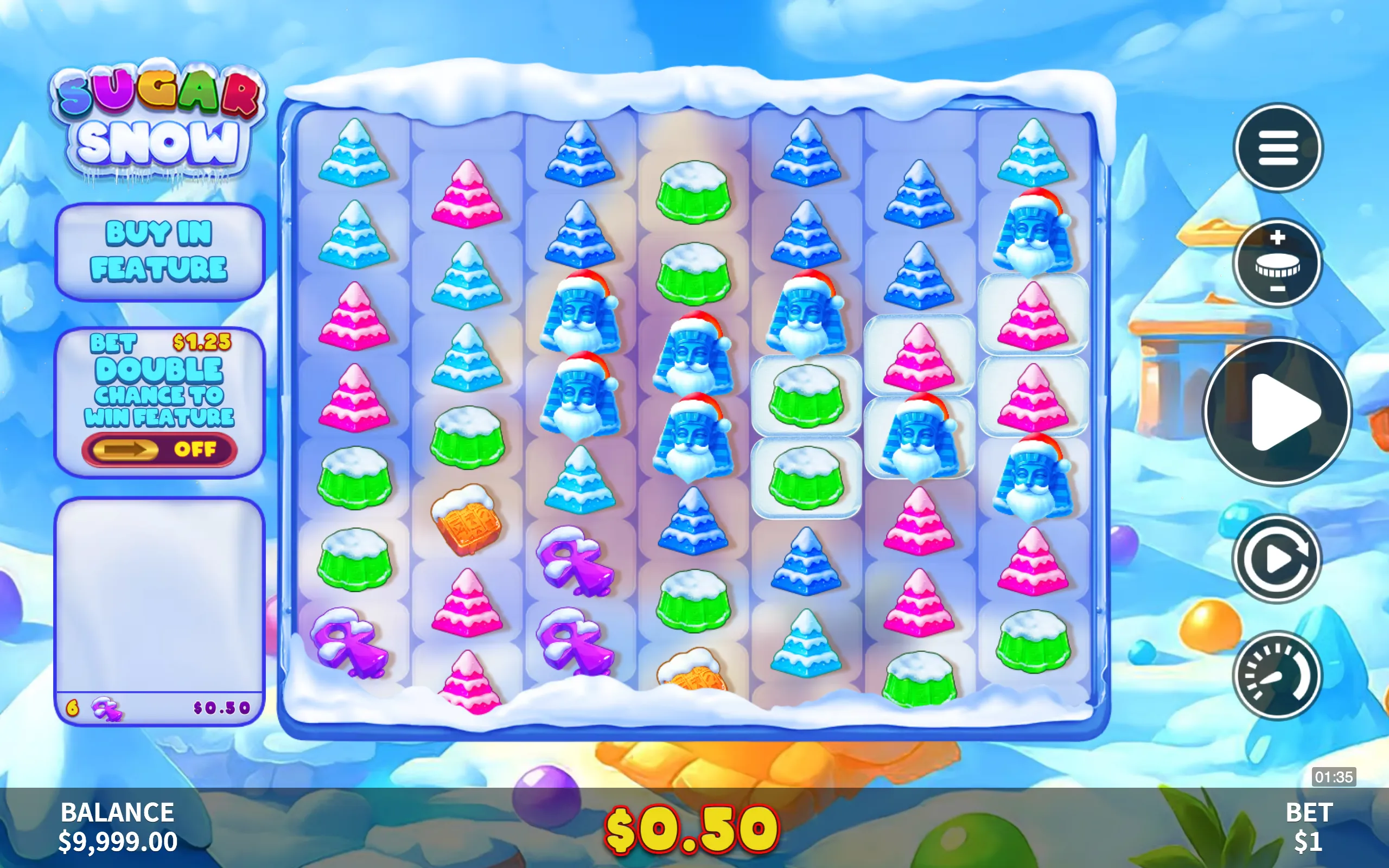Colorful winter-themed slot game grid featuring candy-shaped symbols like jelly, Christmas trees, and Santa-faced pharaohs with snowy accents.