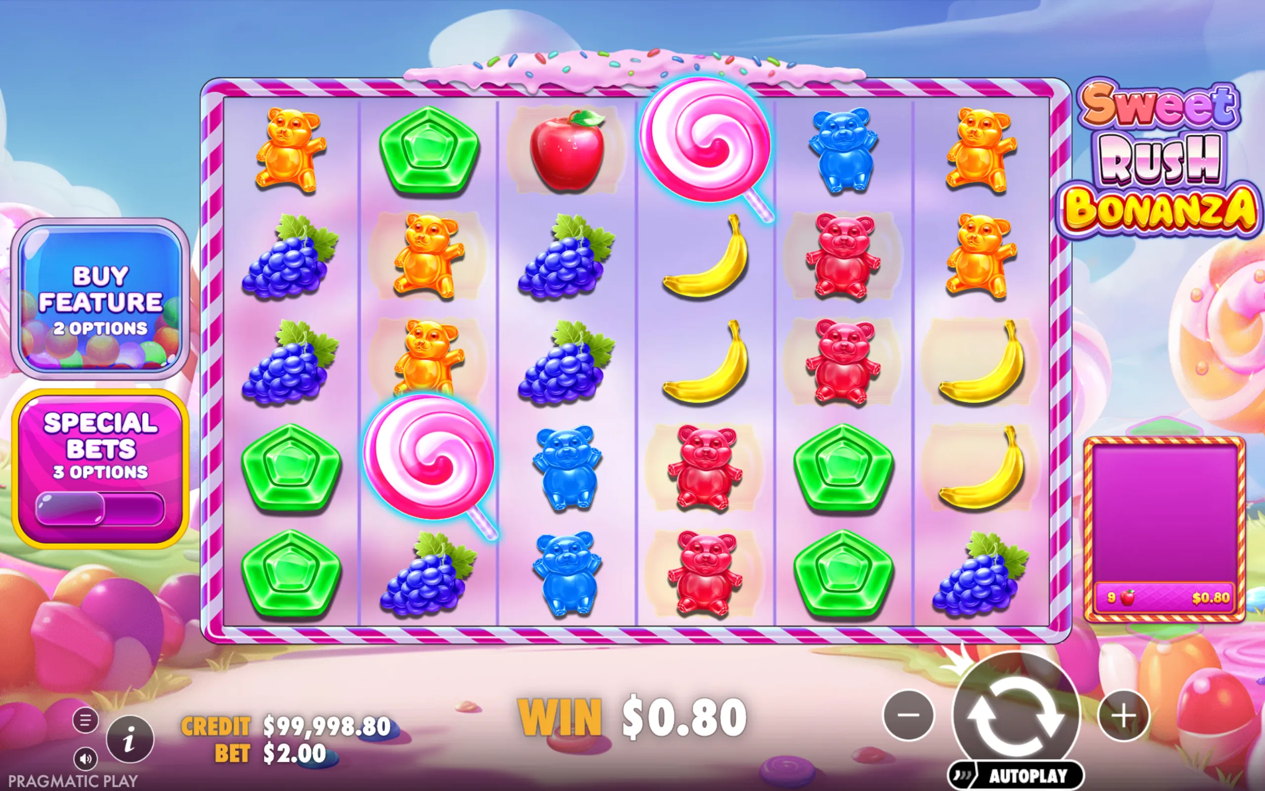 Sweet Rush Bonanza slot game with vibrant candy-themed symbols including gummy bears, lollipops, fruits, and colorful gems on a pastel purple grid with candy-striped borders.