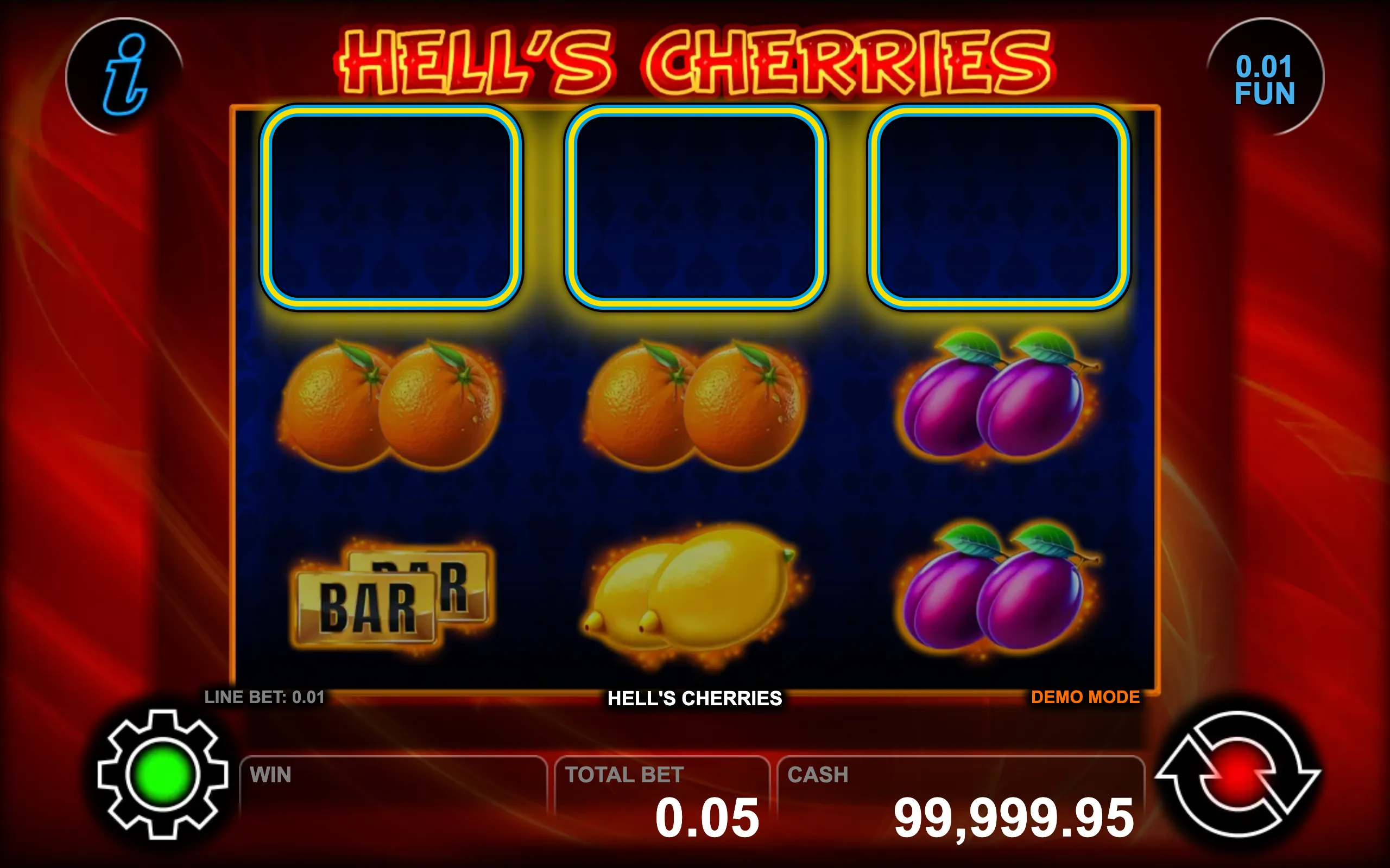 Hell's Cherries slot game preview featuring classic fruit symbols with a fiery red background and neon-style title.