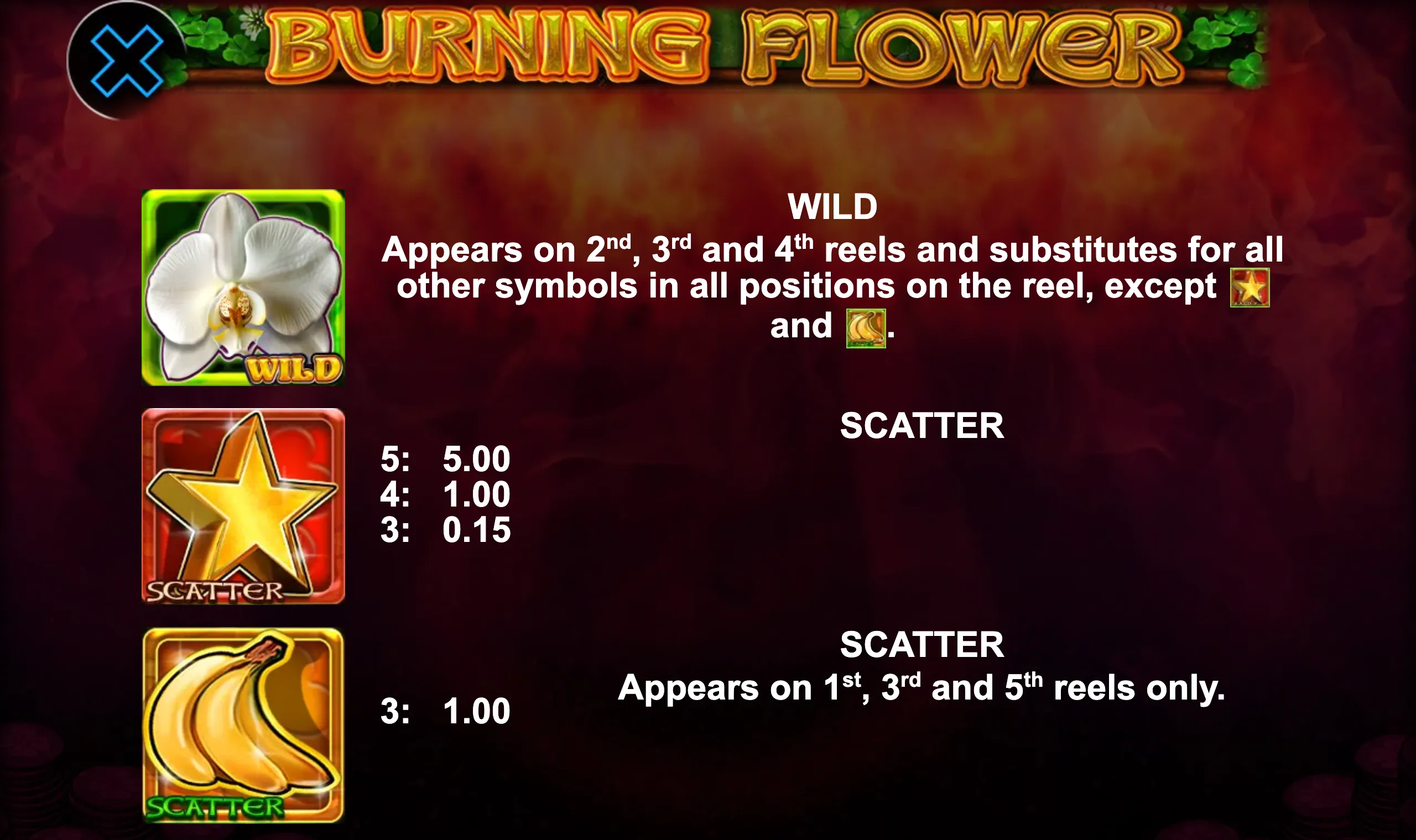 Burning Flower slot game preview showing wild and scatter symbols with payout details.