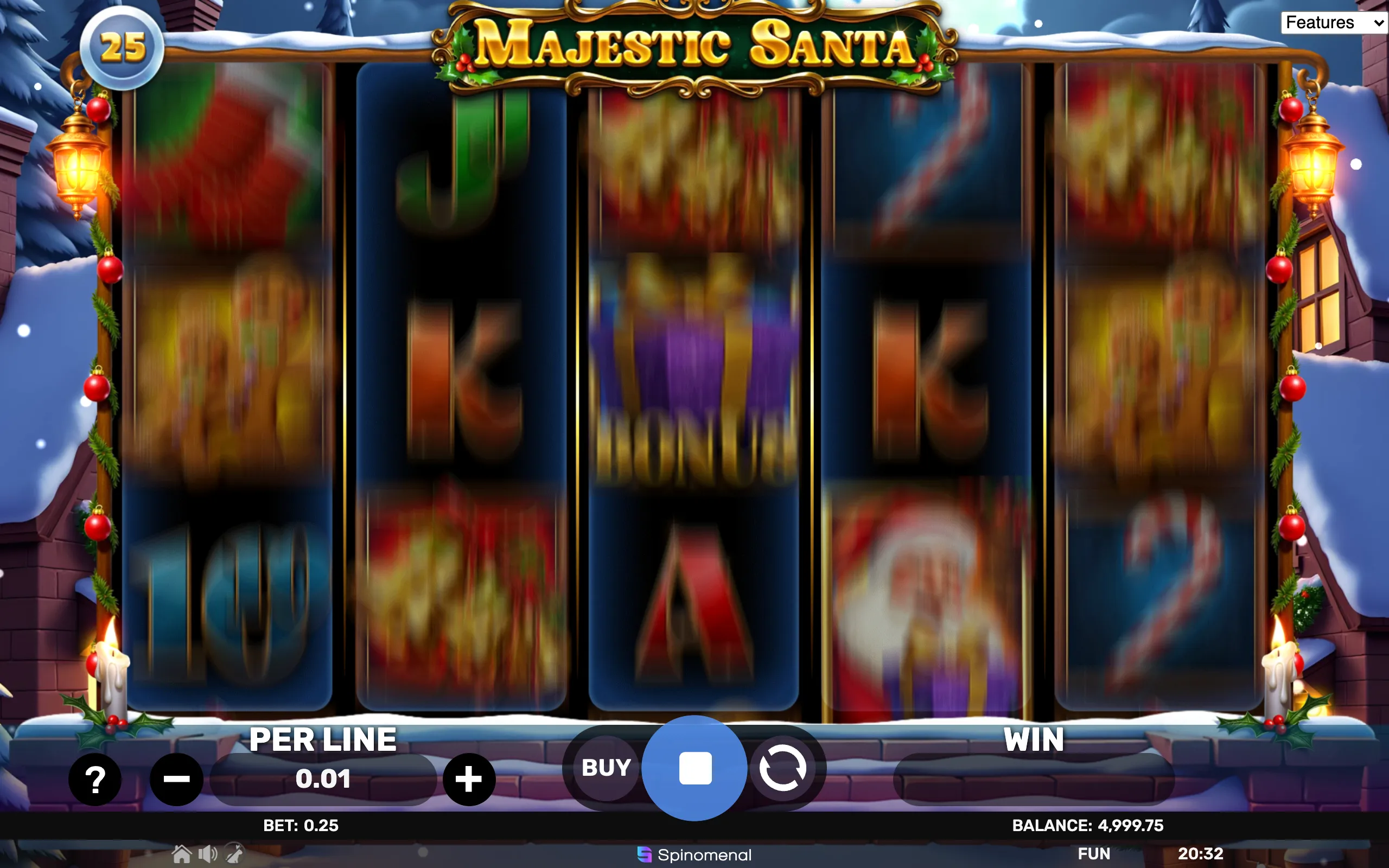 Majestic Santa slot game with spinning reels featuring Christmas symbols like Santa, candy canes, and gifts, set in a snowy winter village.
