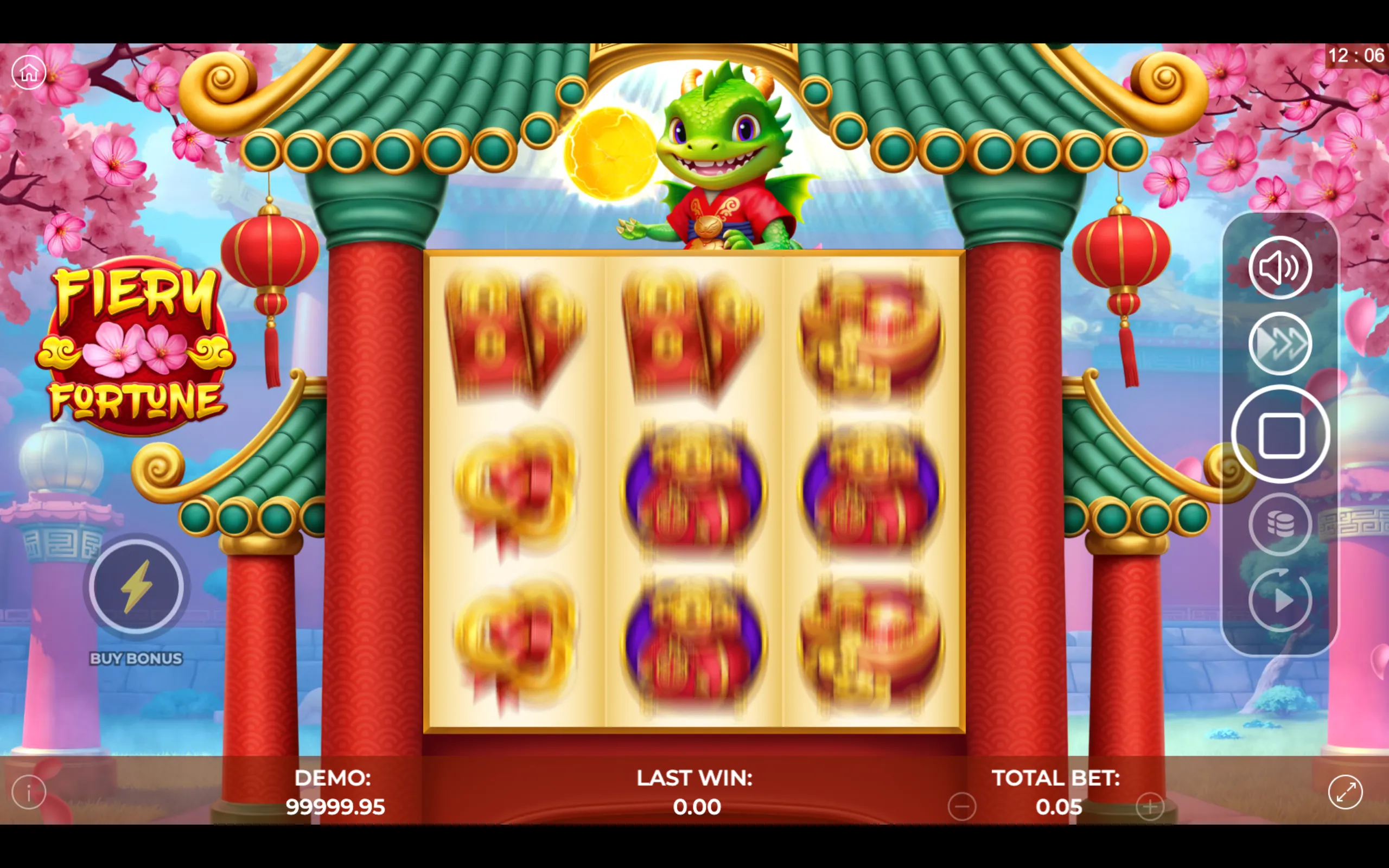 A colorful Asian-inspired slot game interface featuring a cheerful green dragon character in traditional attire, cherry blossoms, red lanterns, and a spinning reel with various golden and red symbols.