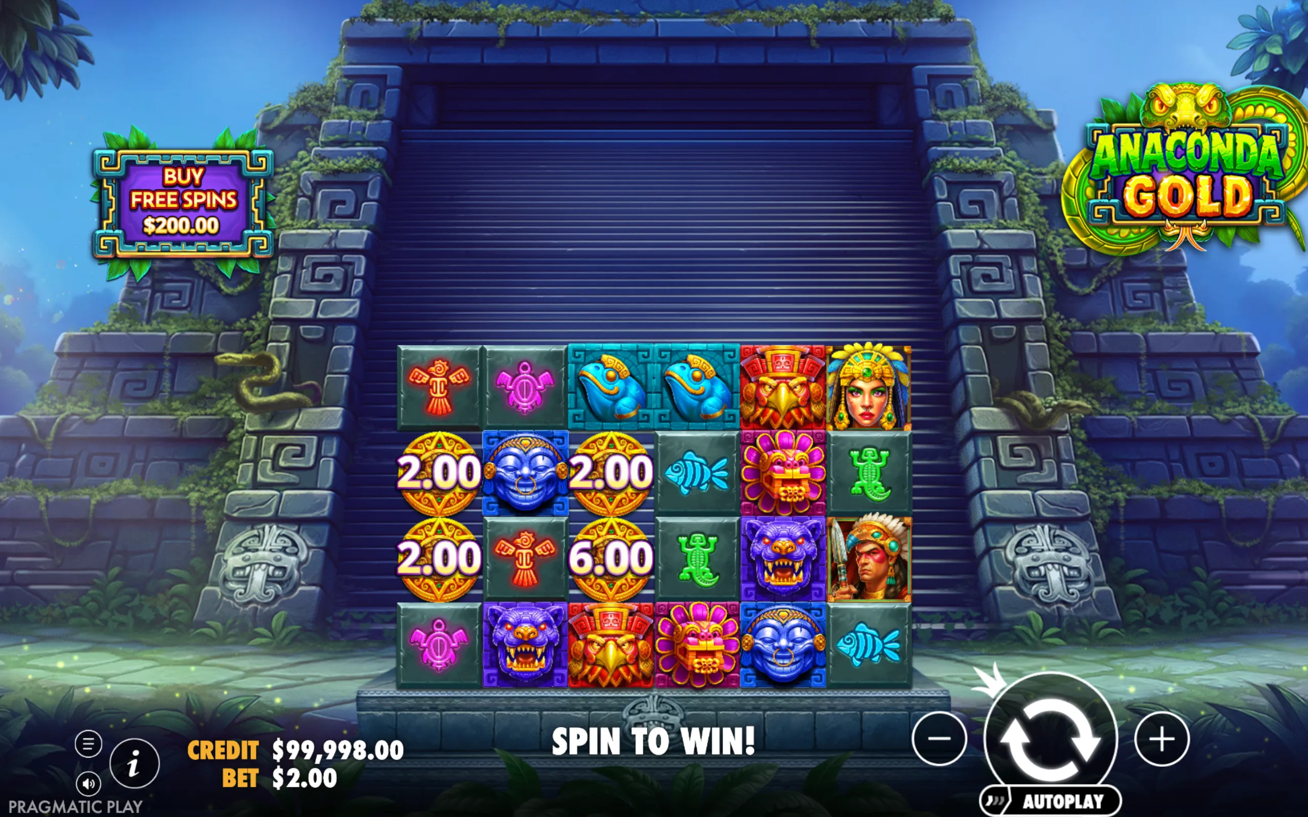Anaconda Gold slot features vibrant Aztec-themed symbols on stone blocks with a jungle temple backdrop, highlighting a free spins purchase option and a colorful game logo with a coiled anaconda.
