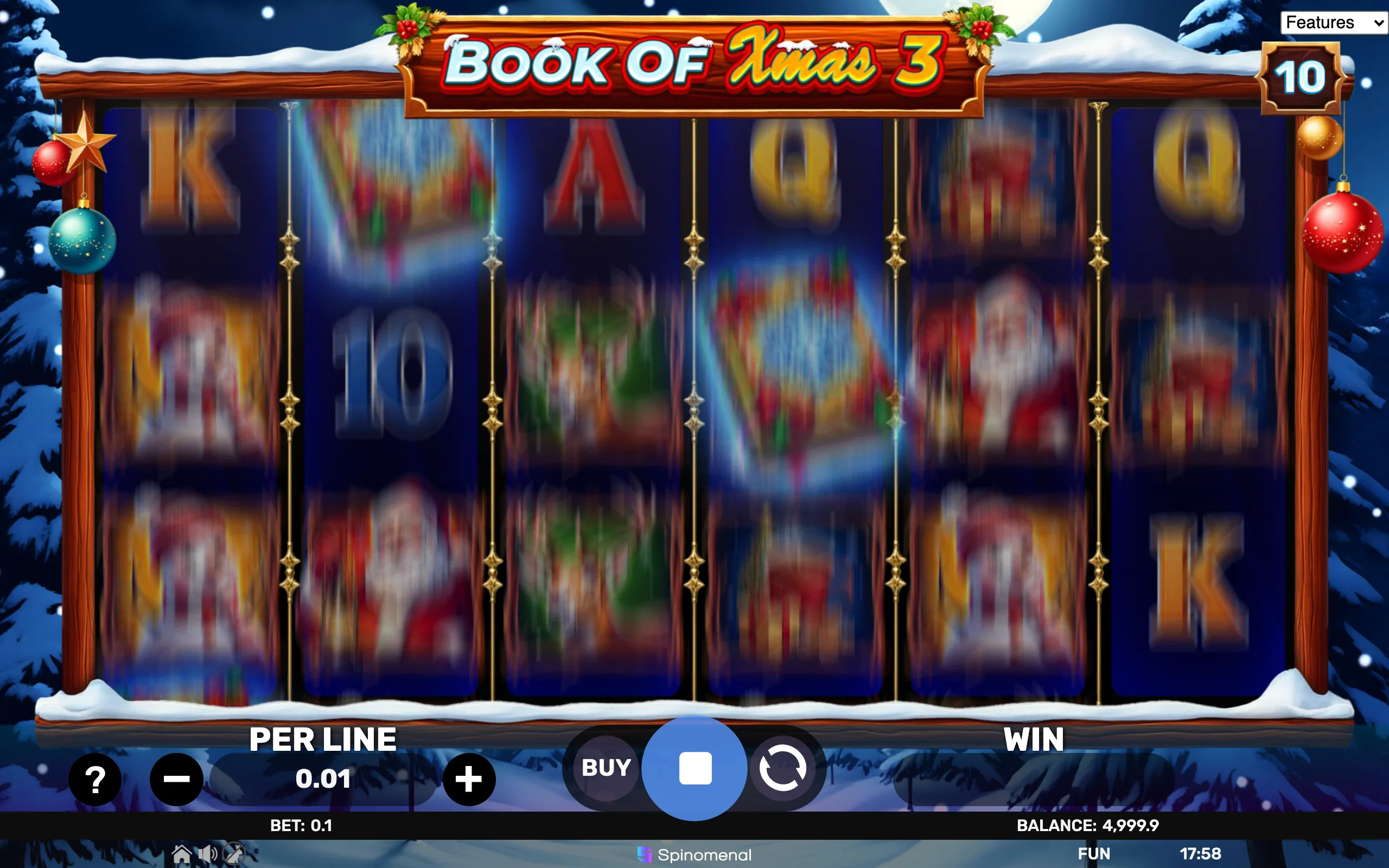 Christmas-themed slot game interface featuring symbols like Santa Claus, Christmas presents, and holiday decorations with a snowy winter backdrop.