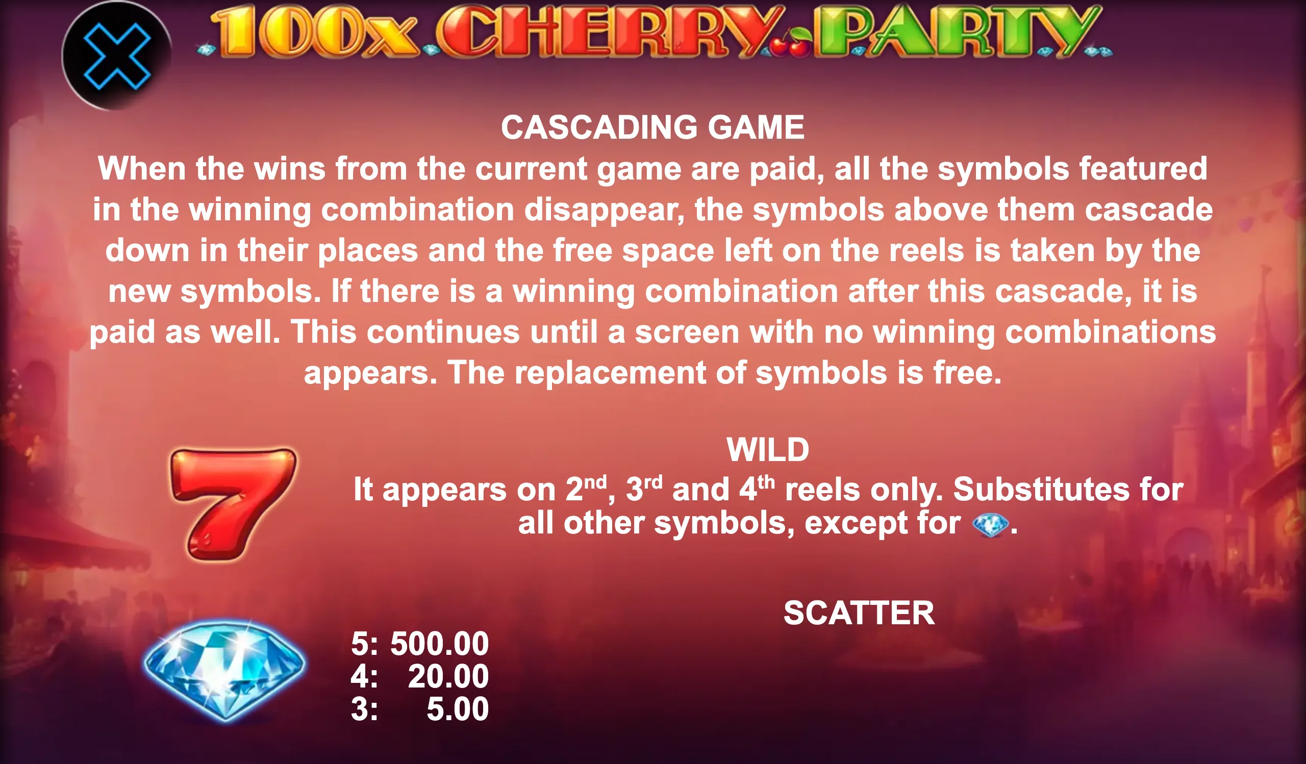 100x Cherry Party slot game preview with cascading game and wild symbol details
