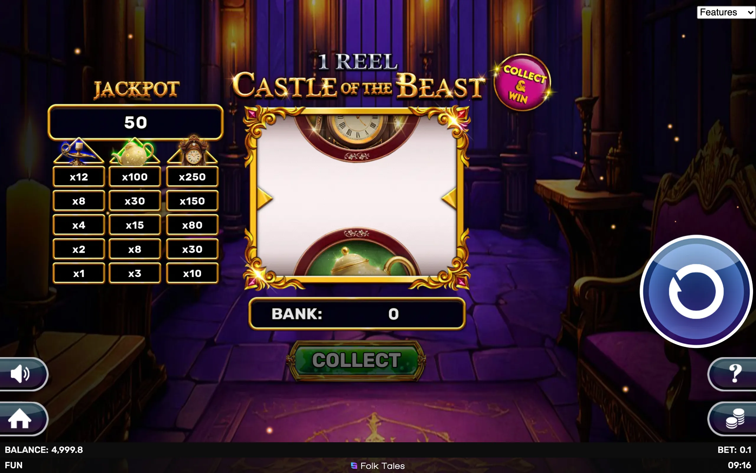 A dark, candle-lit castle interior with a single ornate reel framed in gold, featuring symbols like a clock, teapot, and candle holder, alongside a jackpot payout table.