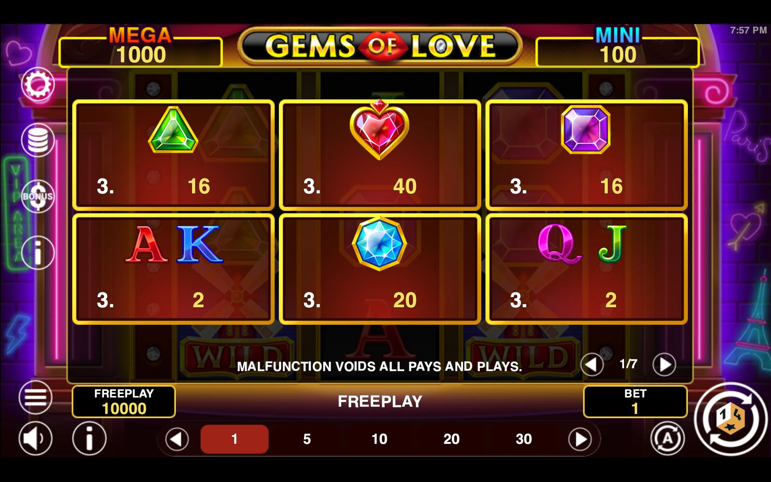 Gems of Love Hold & Win paytable page 1 with symbol payouts
