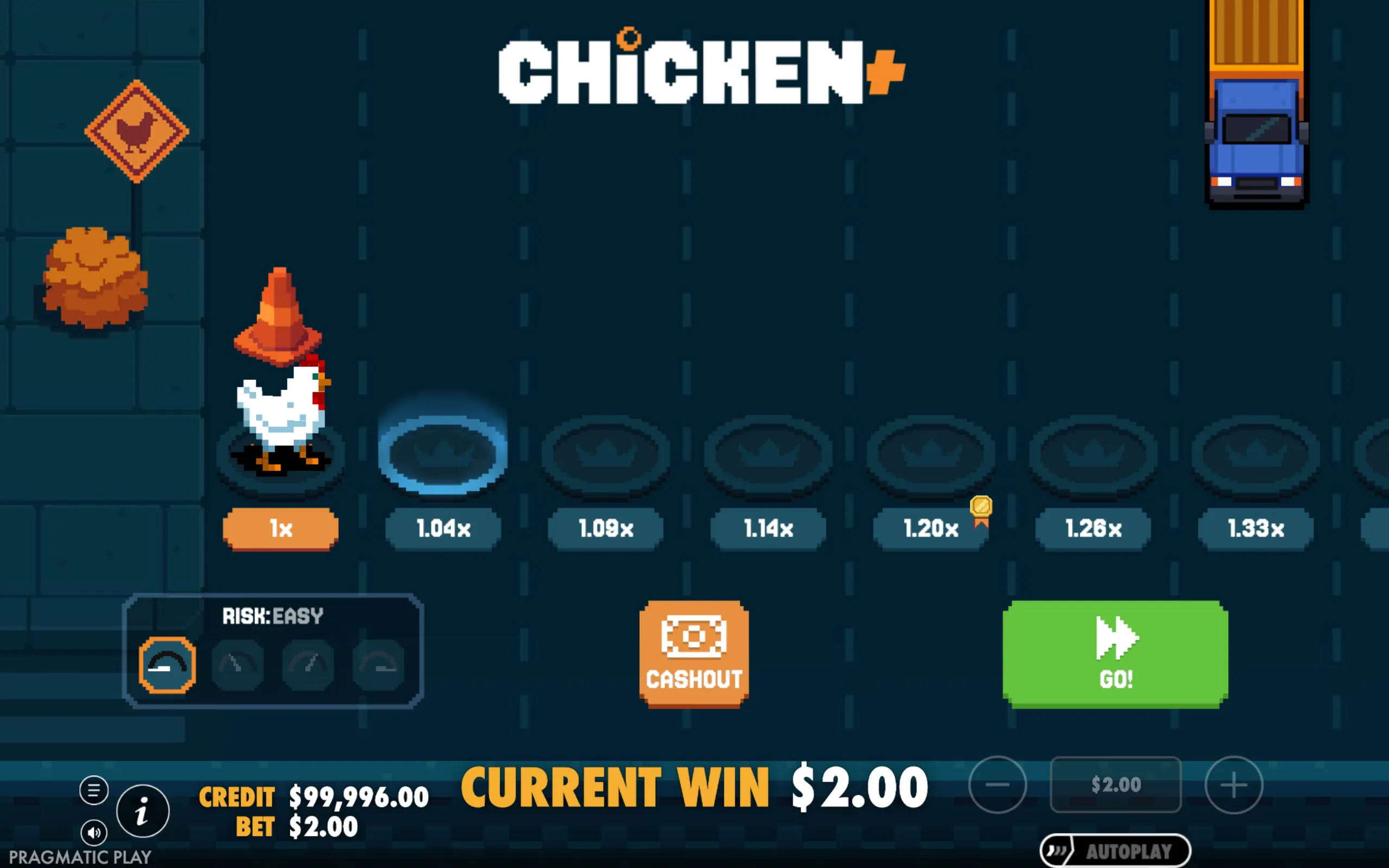Pixel art style slot game interface showing a chicken on a road with multiplier values and a truck approaching, emphasizing risk levels and cashout options.