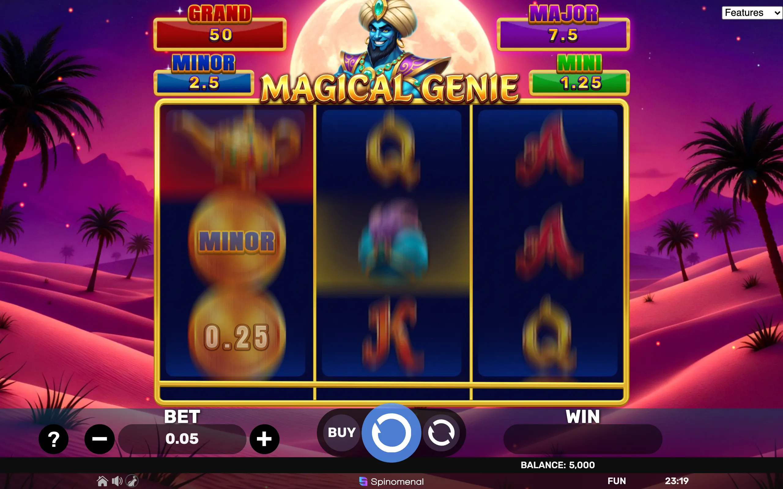 Magical Genie slot game with a 3x3 reel layout featuring a blue genie character, jackpot tiers, and Arabian desert night theme with palm trees and a full moon.