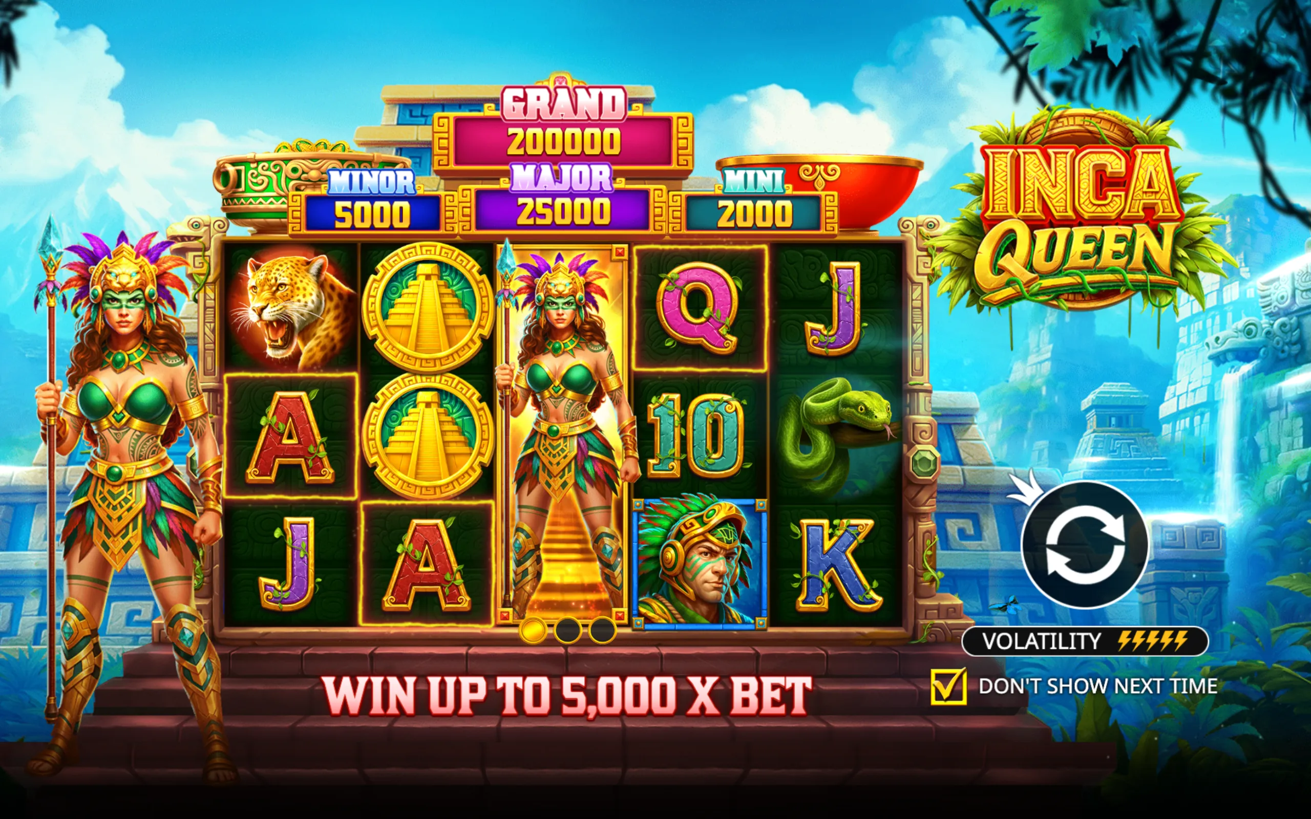Inca Queen slot game with vibrant Inca-themed symbols including a queen, jaguar, pyramid, and snake, set against a lush jungle and ancient temple backdrop.