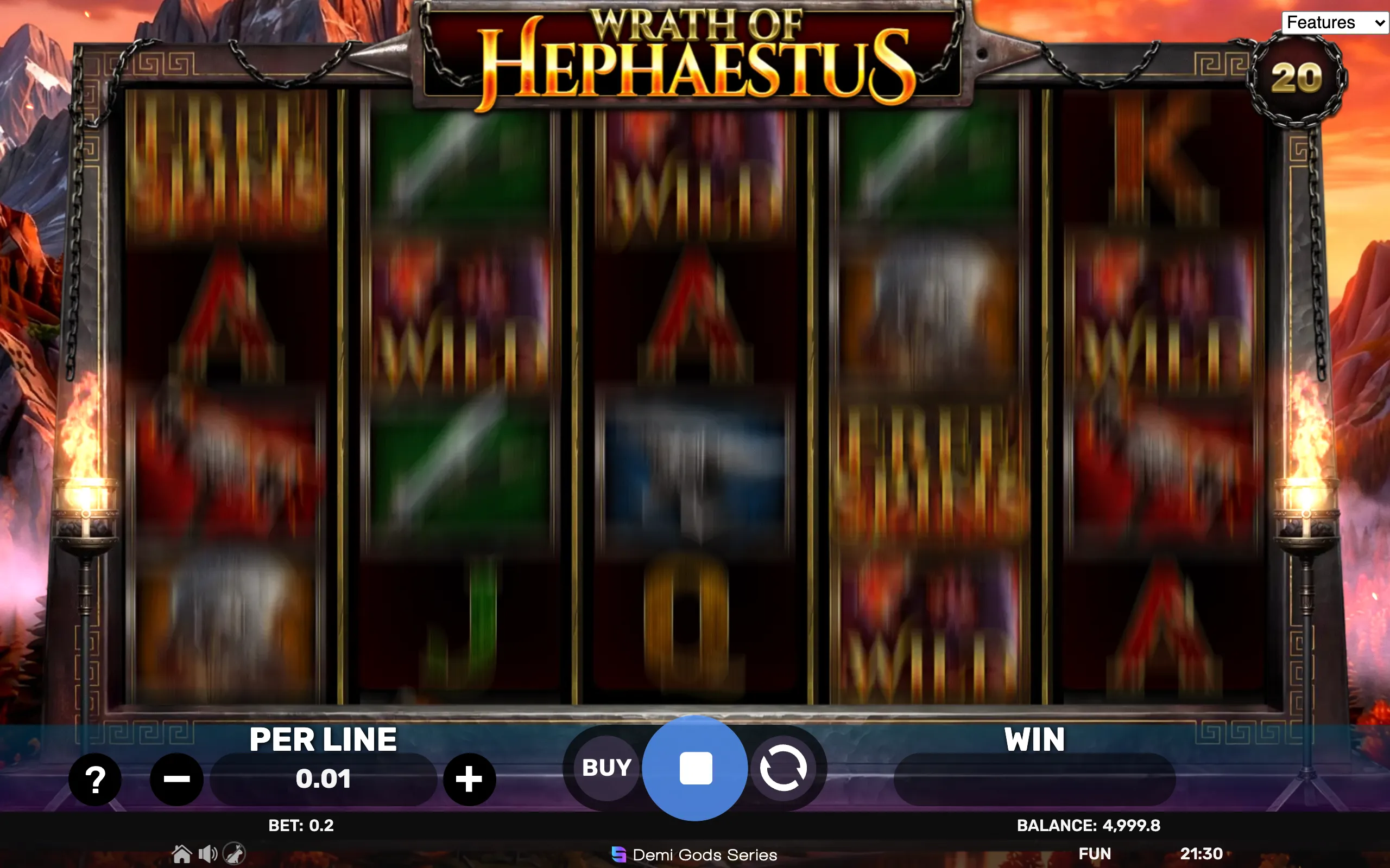 Slot game interface featuring reels with mythological symbols, wild icons, and a fiery volcanic mountain backdrop under a dramatic sunset sky.