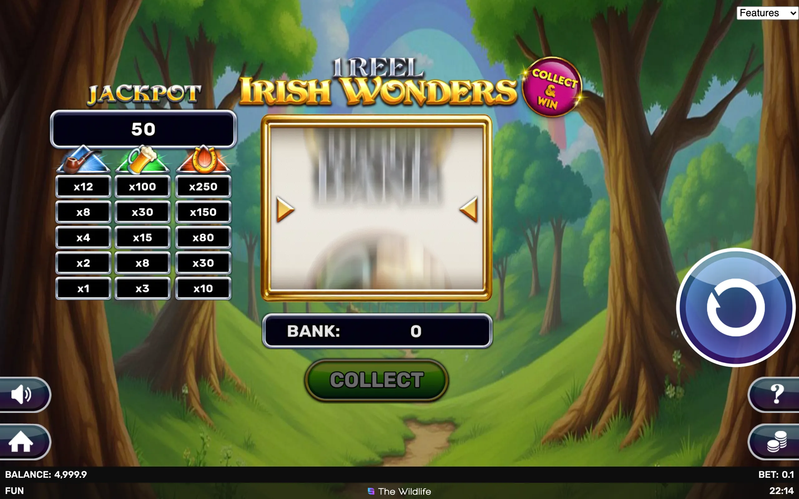 A bright and colorful slot game interface featuring a single reel with Irish-themed symbols like a pipe, beer mug, and horseshoe, set against a lush green forest background.