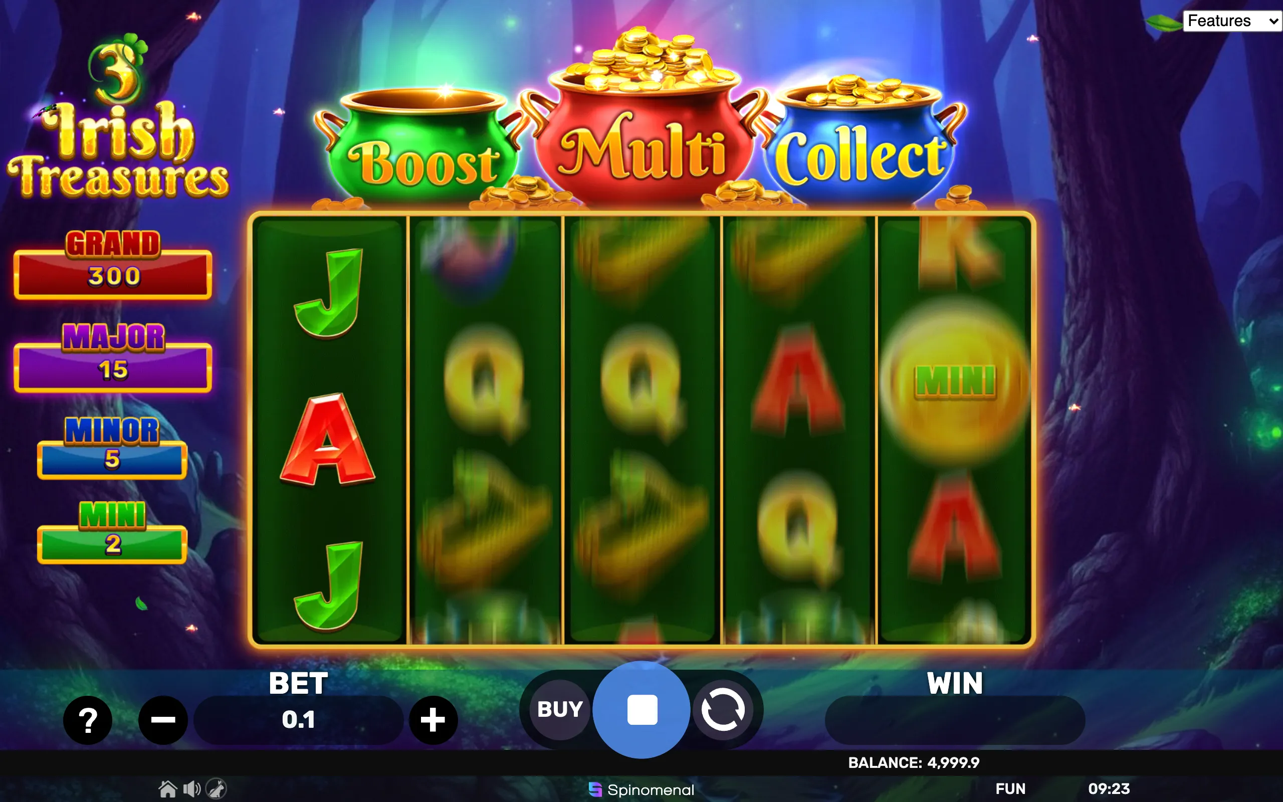 A mystical forest backdrop with glowing pots of gold labeled Boost, Multi, and Collect above a slot reel featuring classic card symbols and jackpot tiers Grand, Major, Minor, and Mini.