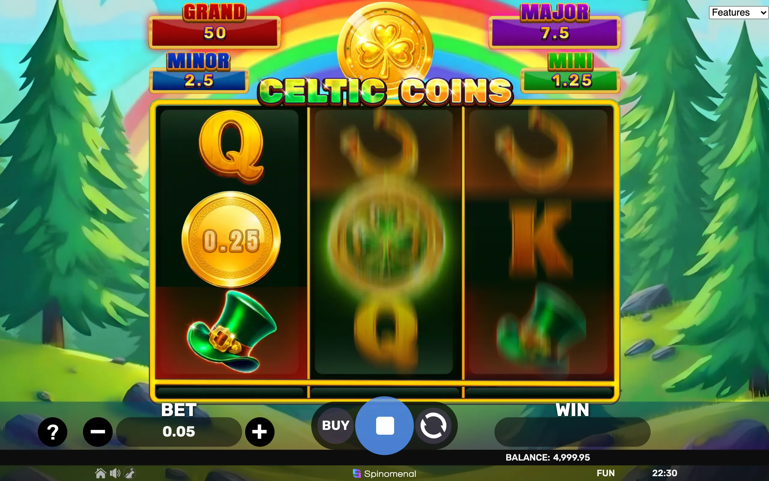Celtic Coins slot game with a 3x3 reel layout featuring golden coins, a green leprechaun hat, and jackpot tiers displayed above a rainbow backdrop.