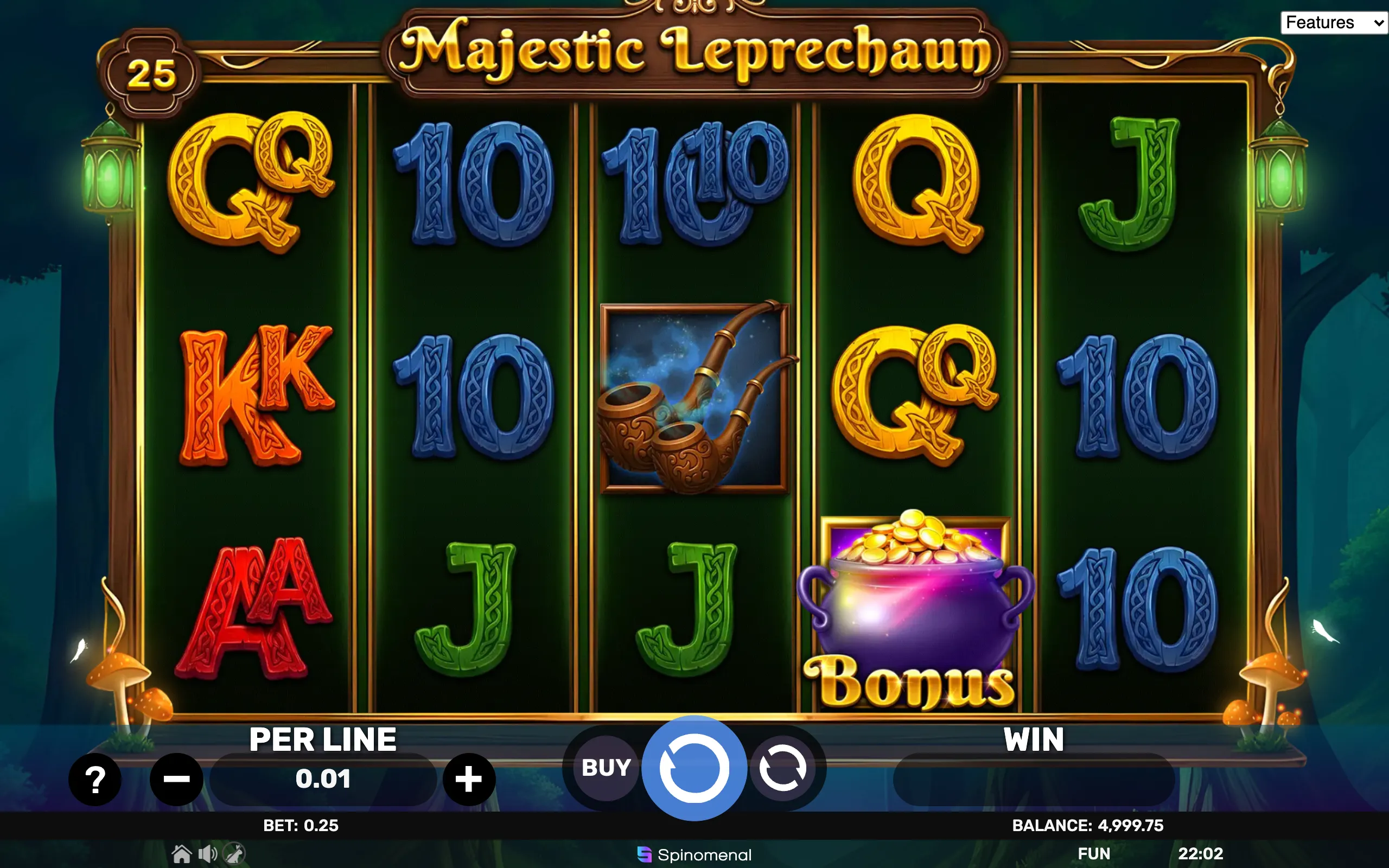 Slot game interface featuring Celtic-styled letters, a smoking pipe symbol, and a pot of gold labeled as a bonus symbol, set against a dark green backdrop with glowing lanterns and mushrooms.
