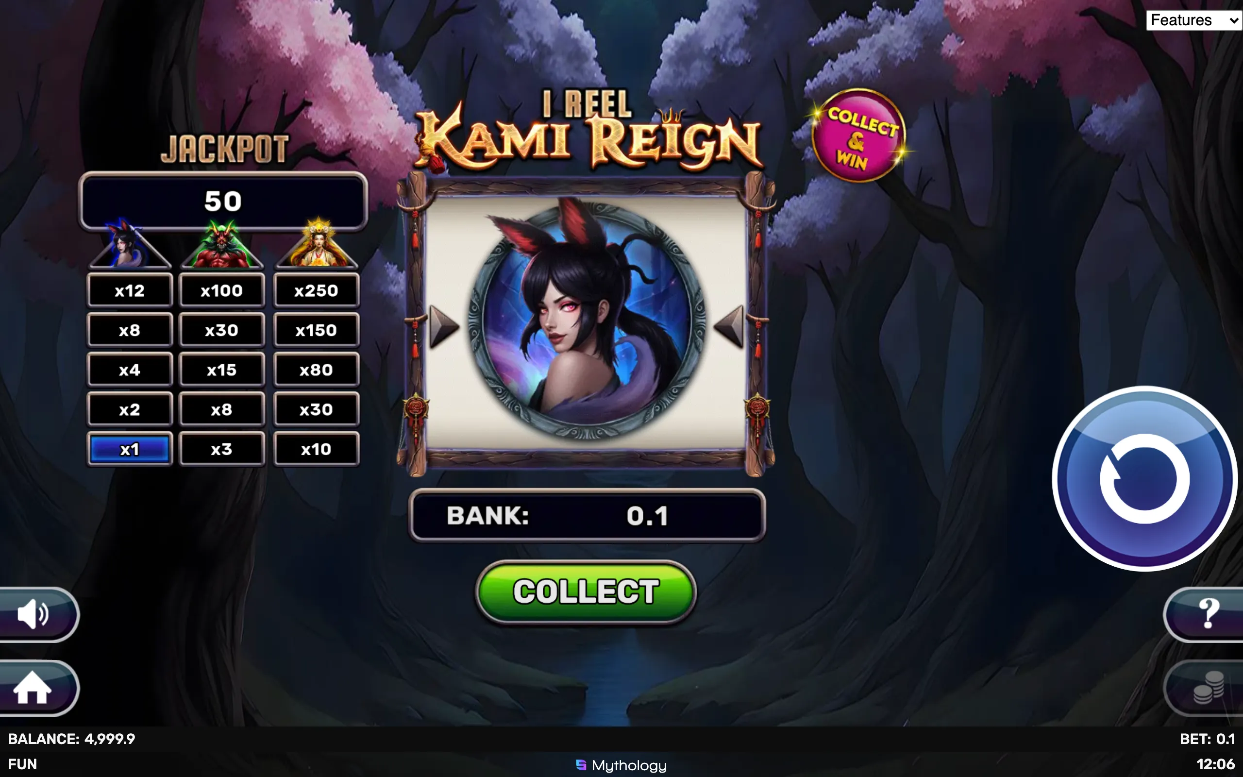 Slot game interface featuring a single reel with a female character symbol with fox ears, set against a dark forest with pink and purple trees, showcasing jackpot multipliers and a collect button.