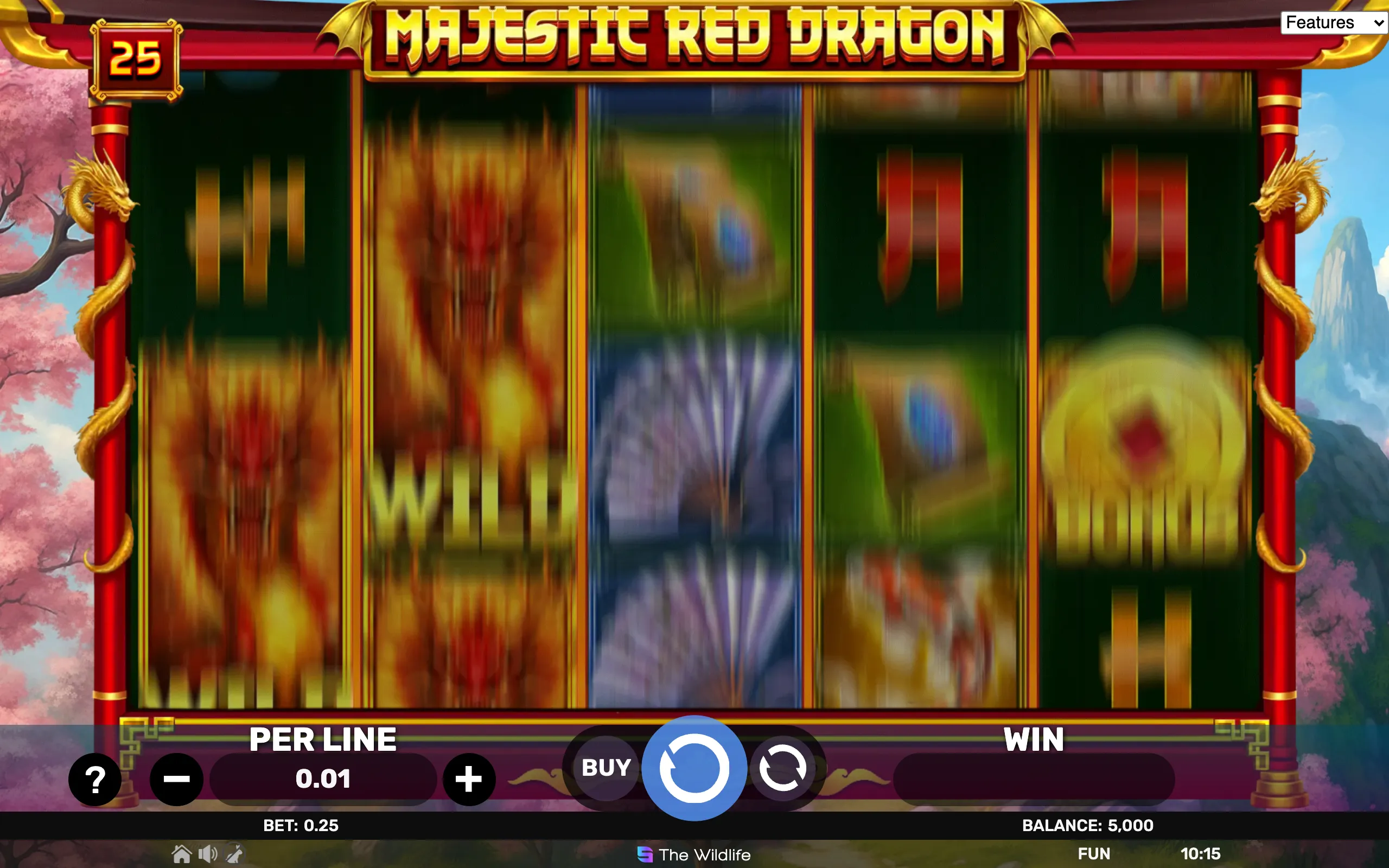 Majestic Red Dragon slot features a vibrant Asian-inspired design with a red dragon theme, golden accents, and traditional symbols on the reels.