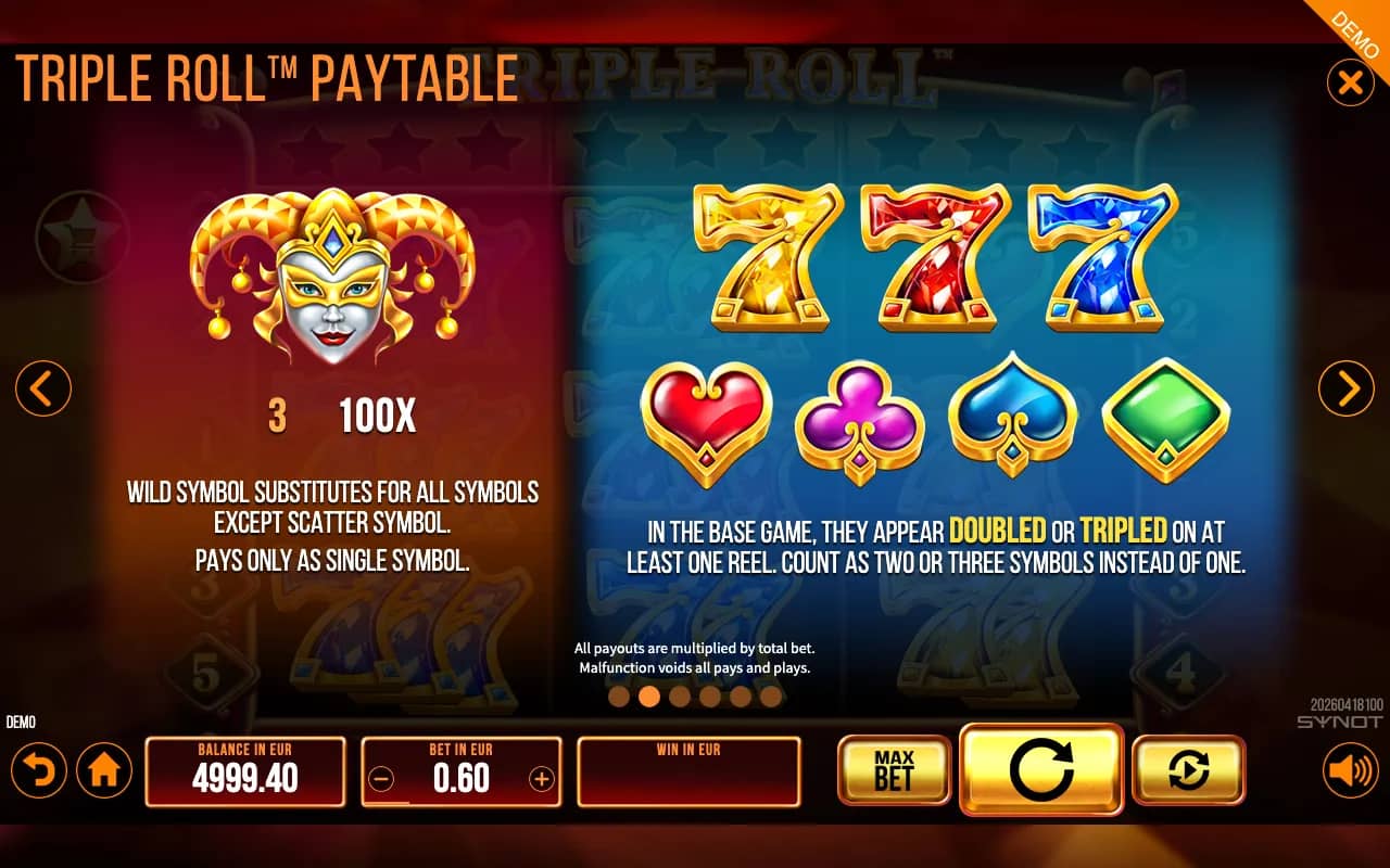 Triple Roll paytable page 1 with symbol payouts