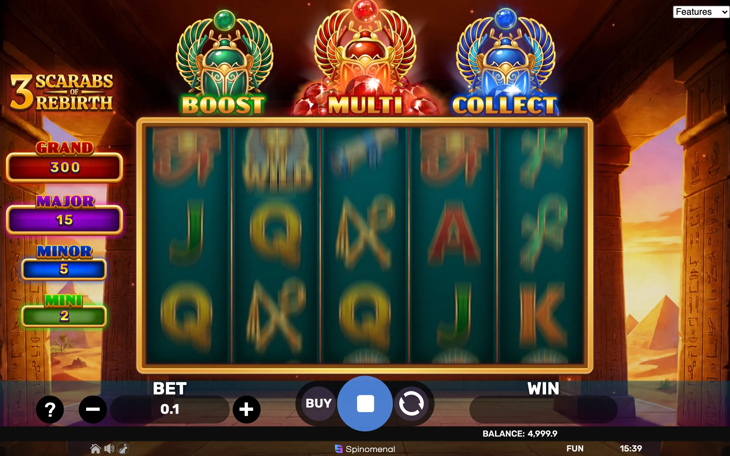 Ancient Egyptian-themed slot game interface featuring three scarab symbols labeled Boost, Multi, and Collect above spinning reels with hieroglyphic pillars and pyramids in the background.