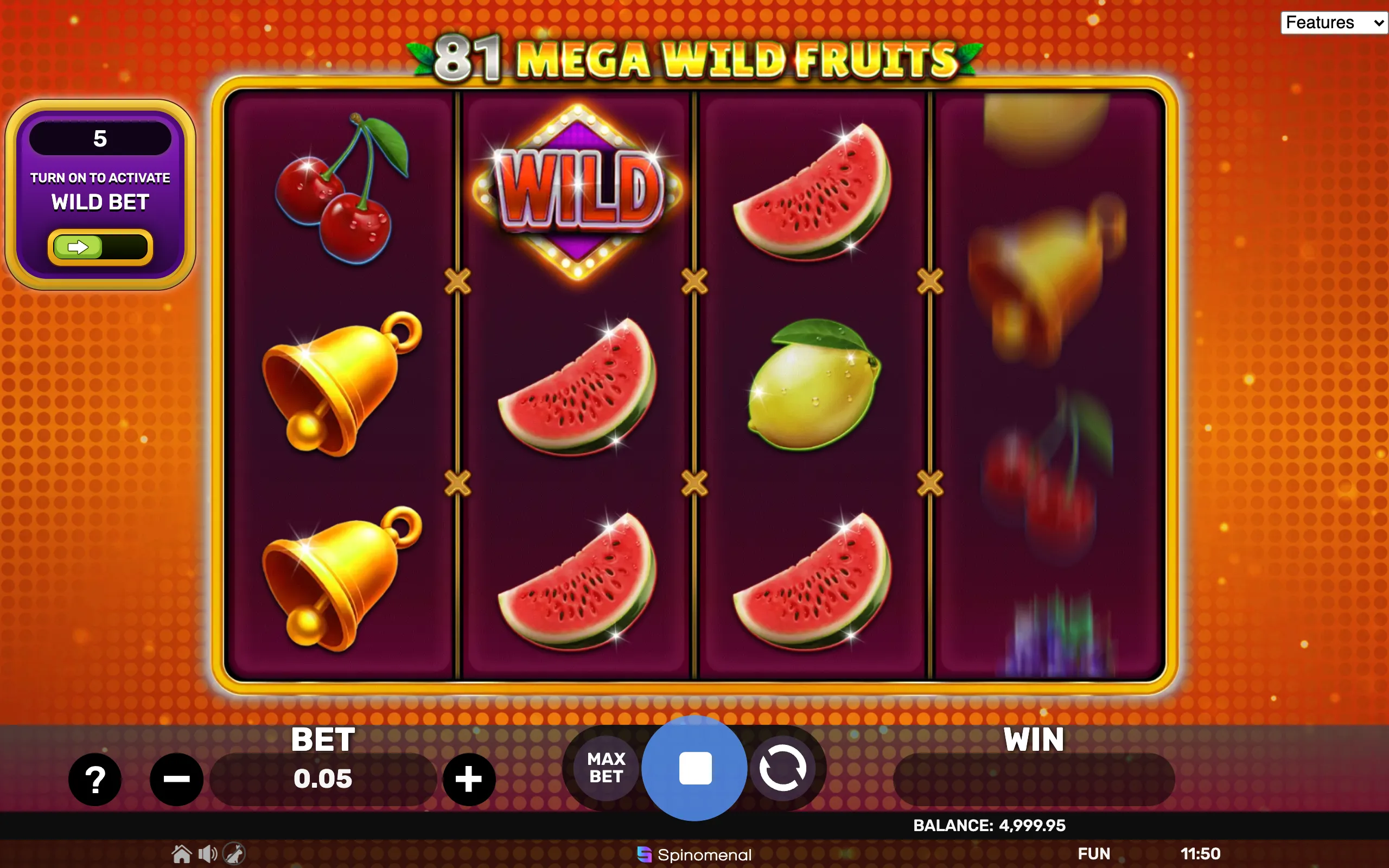 81 Mega Wild Fruits slot game with colorful fruit symbols, golden bells, and a glowing wild icon on a deep purple reel set with an orange dotted background
