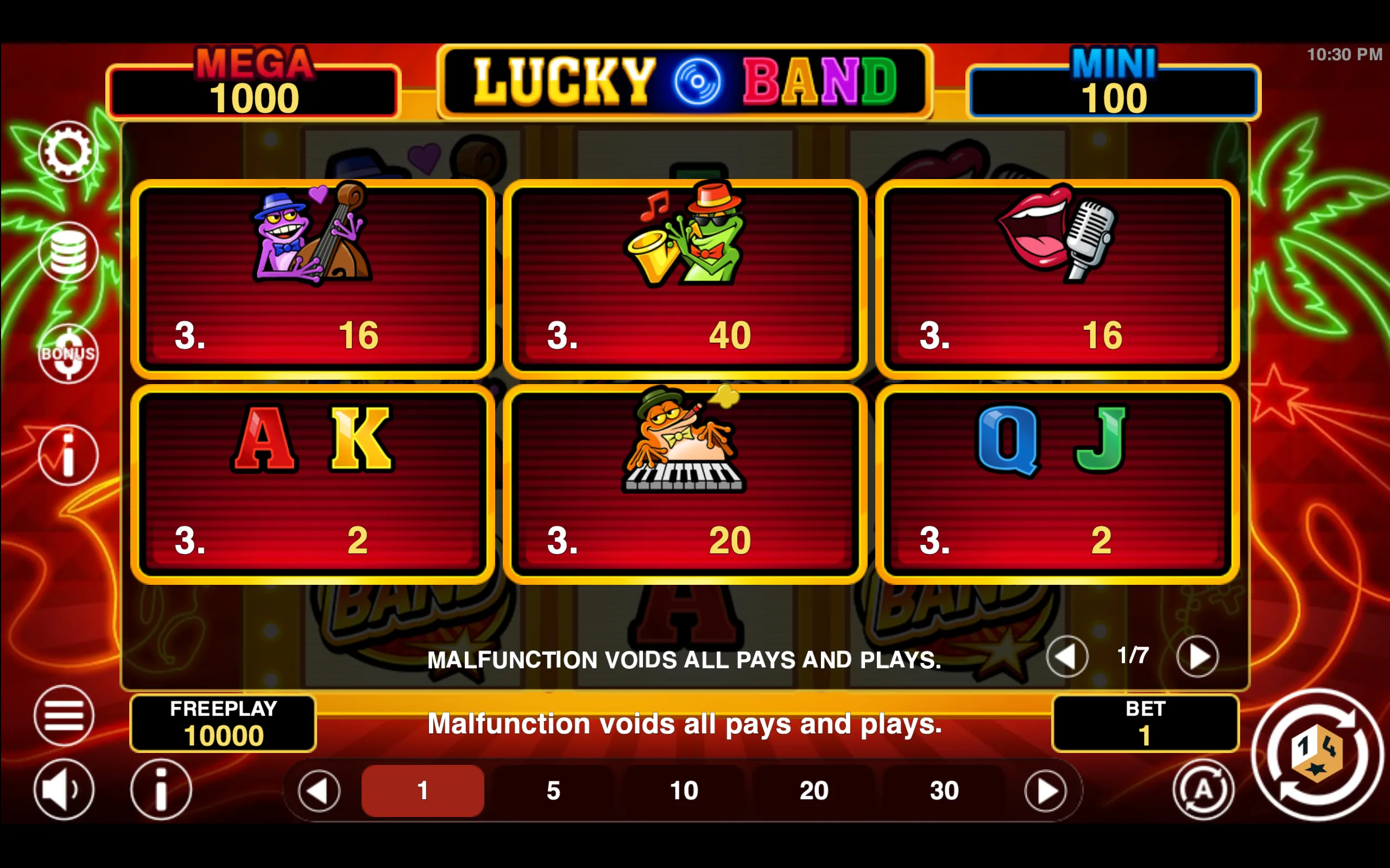 Lucky Band paytable page 1 with symbol payouts