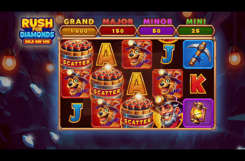 Gameplay screen from “Rush For Diamonds” slot featuring cartoon-style reels with symbols including a miner, dog, lantern, dynamite scatters, and jackpot tiers.