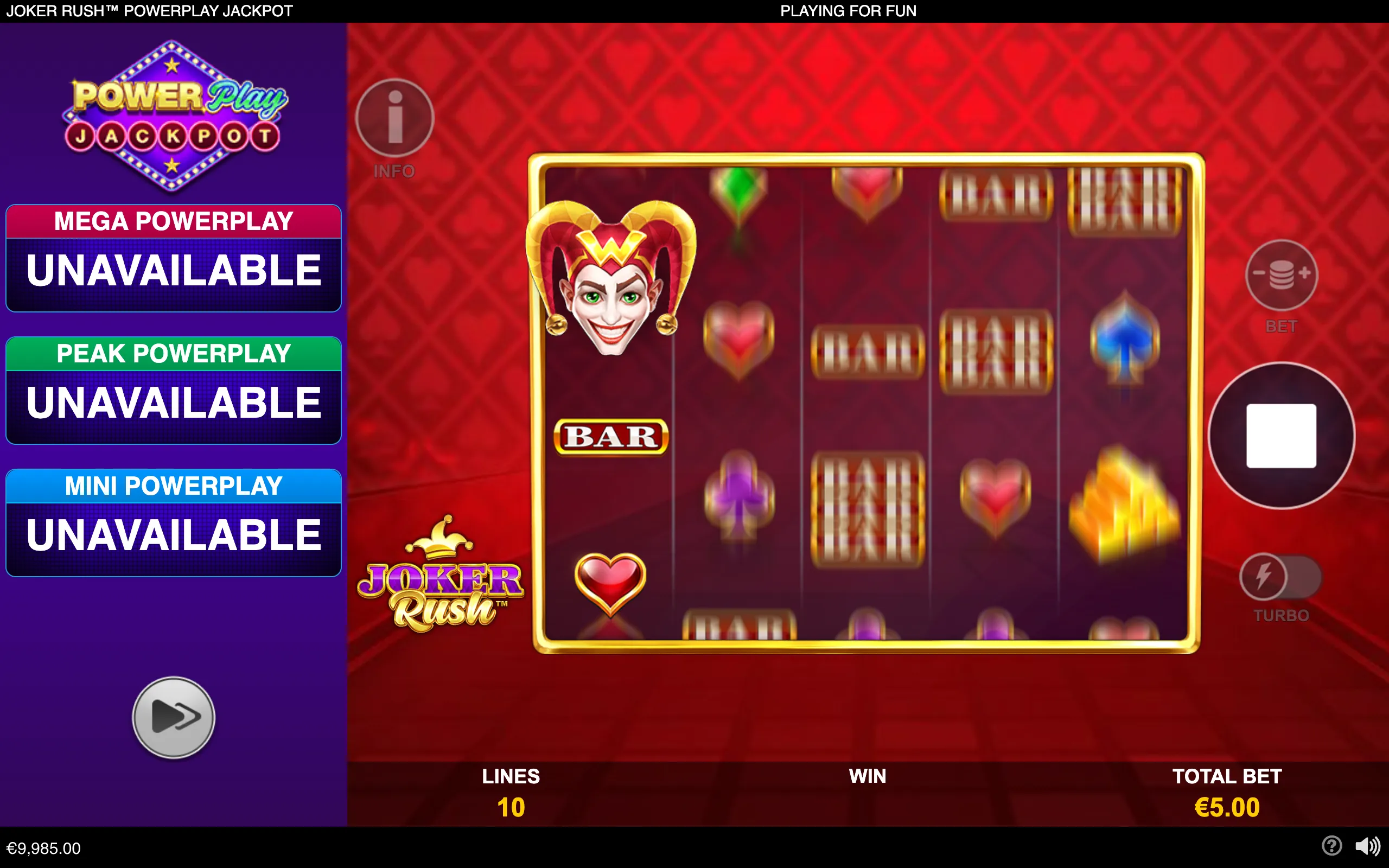Joker Rush PowerPlay Jackpot slot interface with a grinning jester symbol, BAR icons, hearts, card suits, gold reel frame, and PowerPlay jackpot panels.