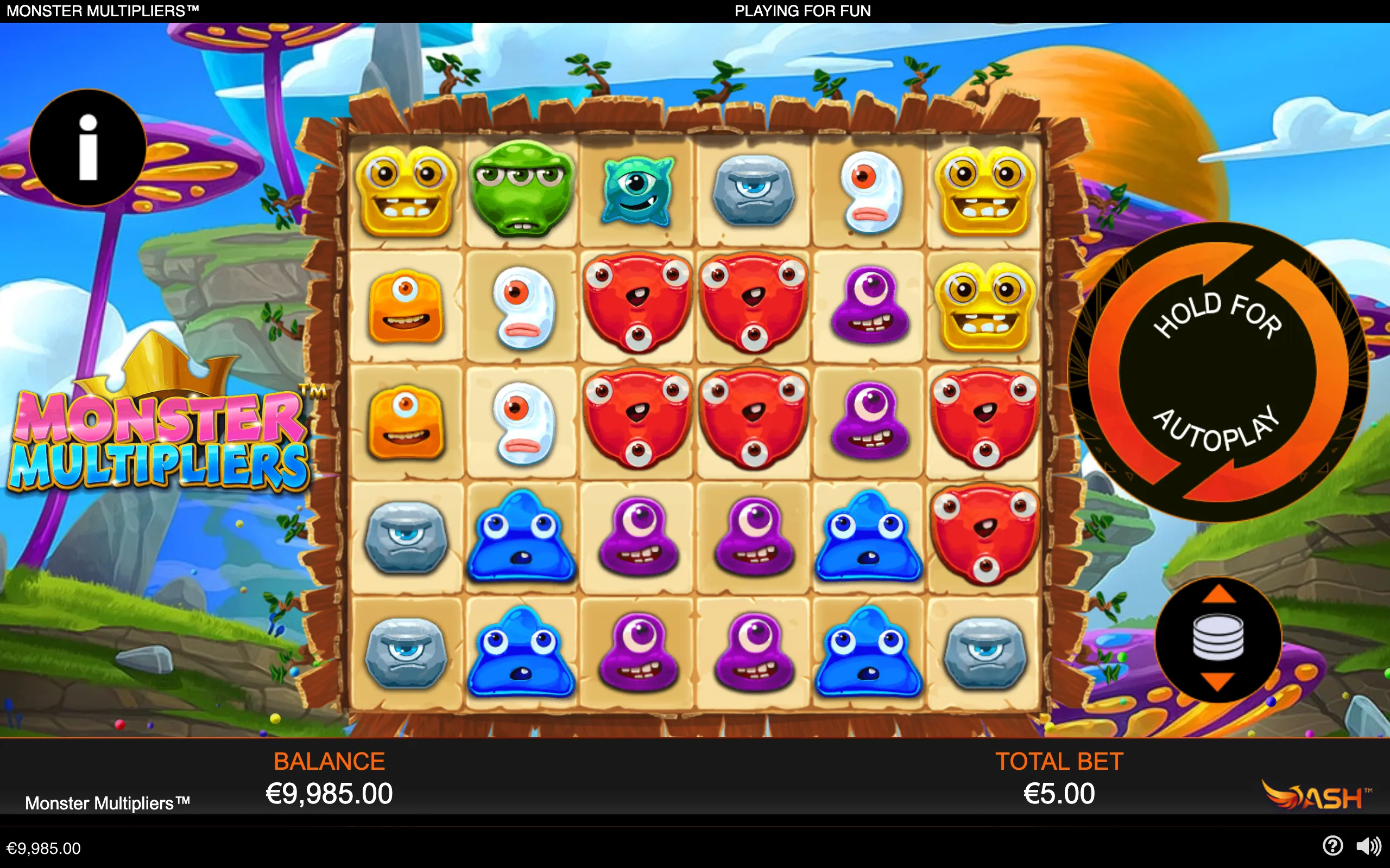 Monster Multipliers slot game featuring a grid of colorful one-eyed cartoon monster symbols against a whimsical floating-island landscape, with autoplay controls and a €5.00 total bet.