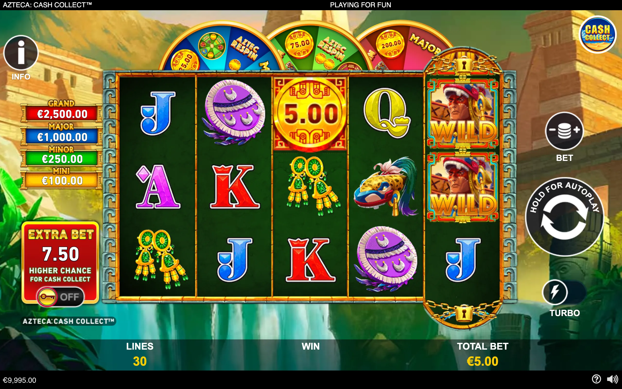 Azteca: Cash Collect slot interface with Aztec-themed reels, a €5.00 cash-collect coin, pirate wild symbols, jackpot meters, and jungle ruins in the backdrop.