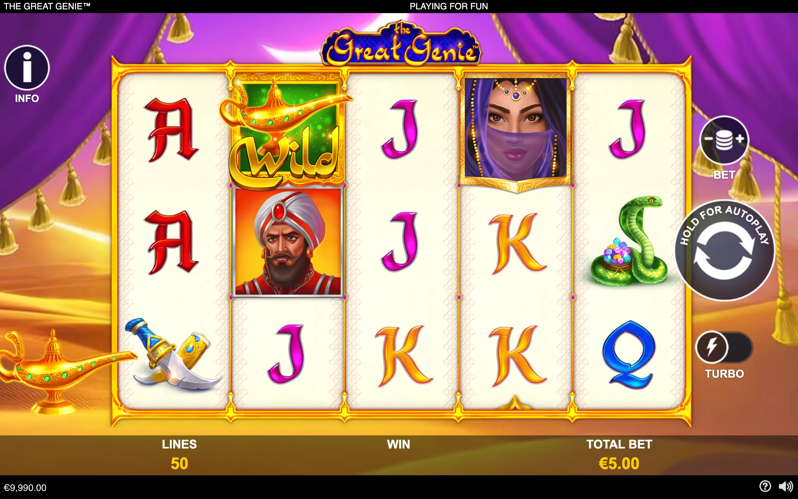 The Great Genie slot interface with five reels, a golden magic lamp Wild symbol, genie character portraits, playing-card symbols, a jeweled snake, and an Arabian palace backdrop.