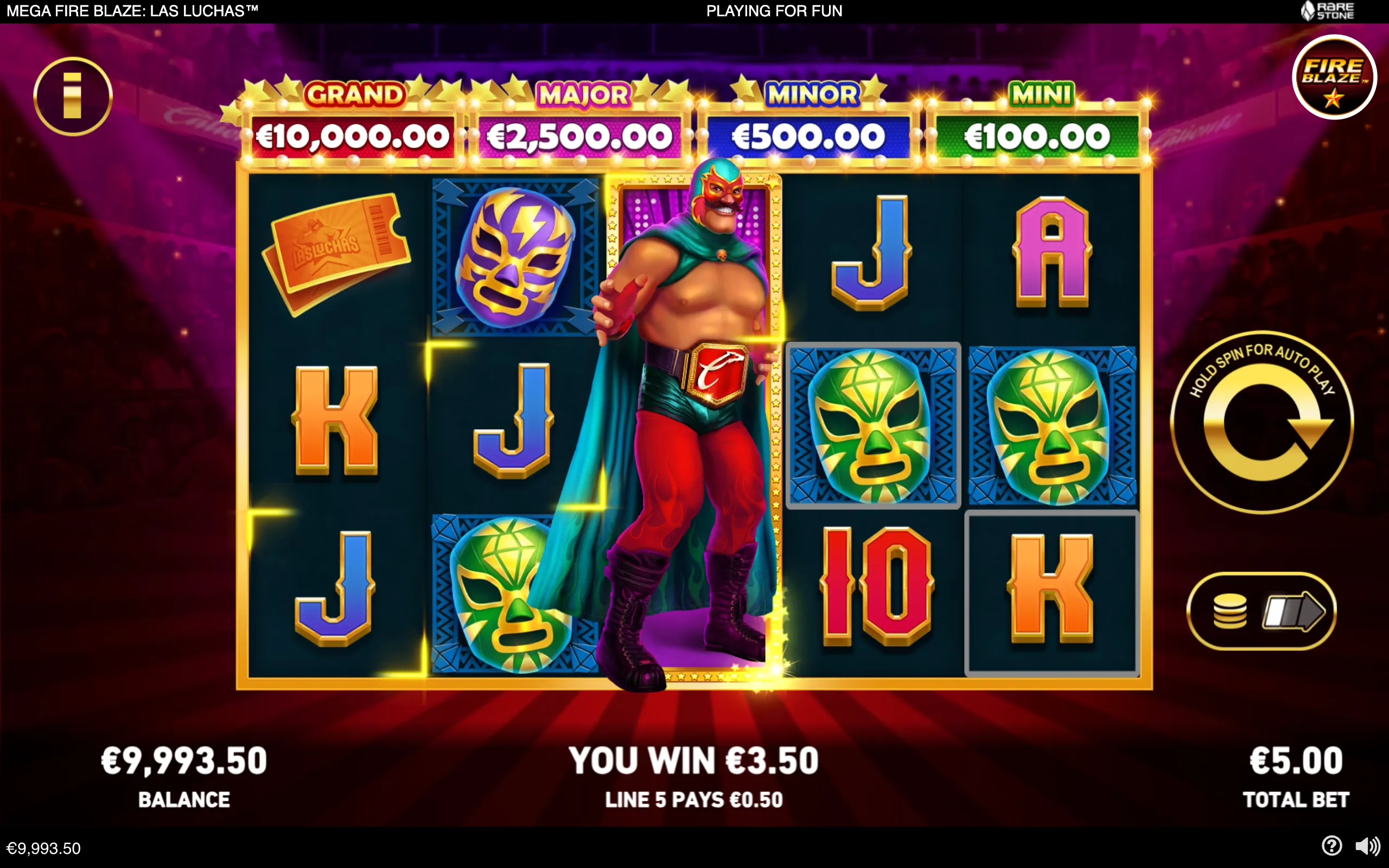 Mega Fire Blaze: Las Luchas slot interface featuring a masked luchador, colorful wrestling-mask symbols, jackpot meters, and a theatrical arena backdrop.