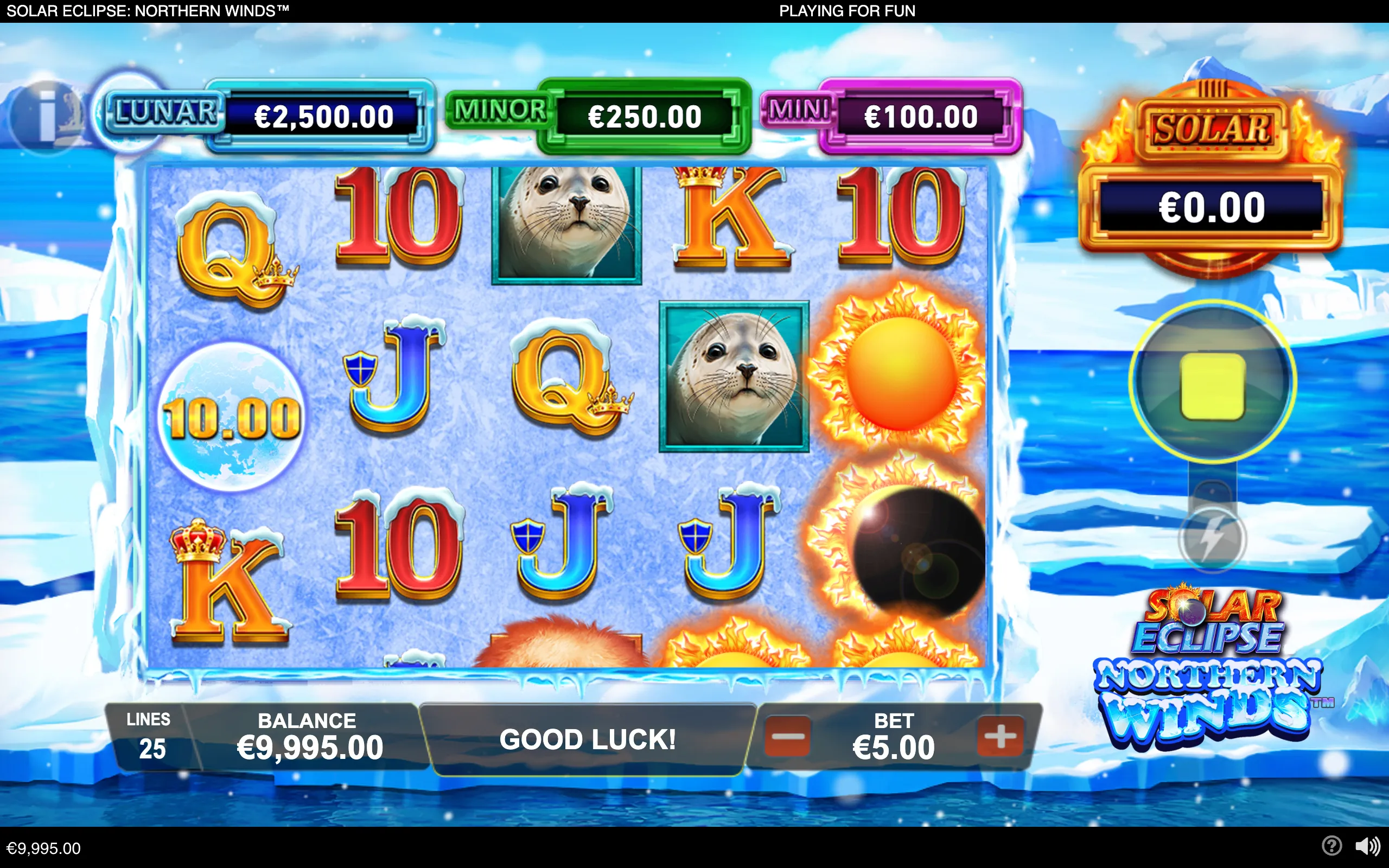 Solar Eclipse: Northern Winds slot interface with icy ocean scenery, seal symbols, crowned card symbols, glowing solar orbs, and Lunar, Minor, and Mini jackpot meters.