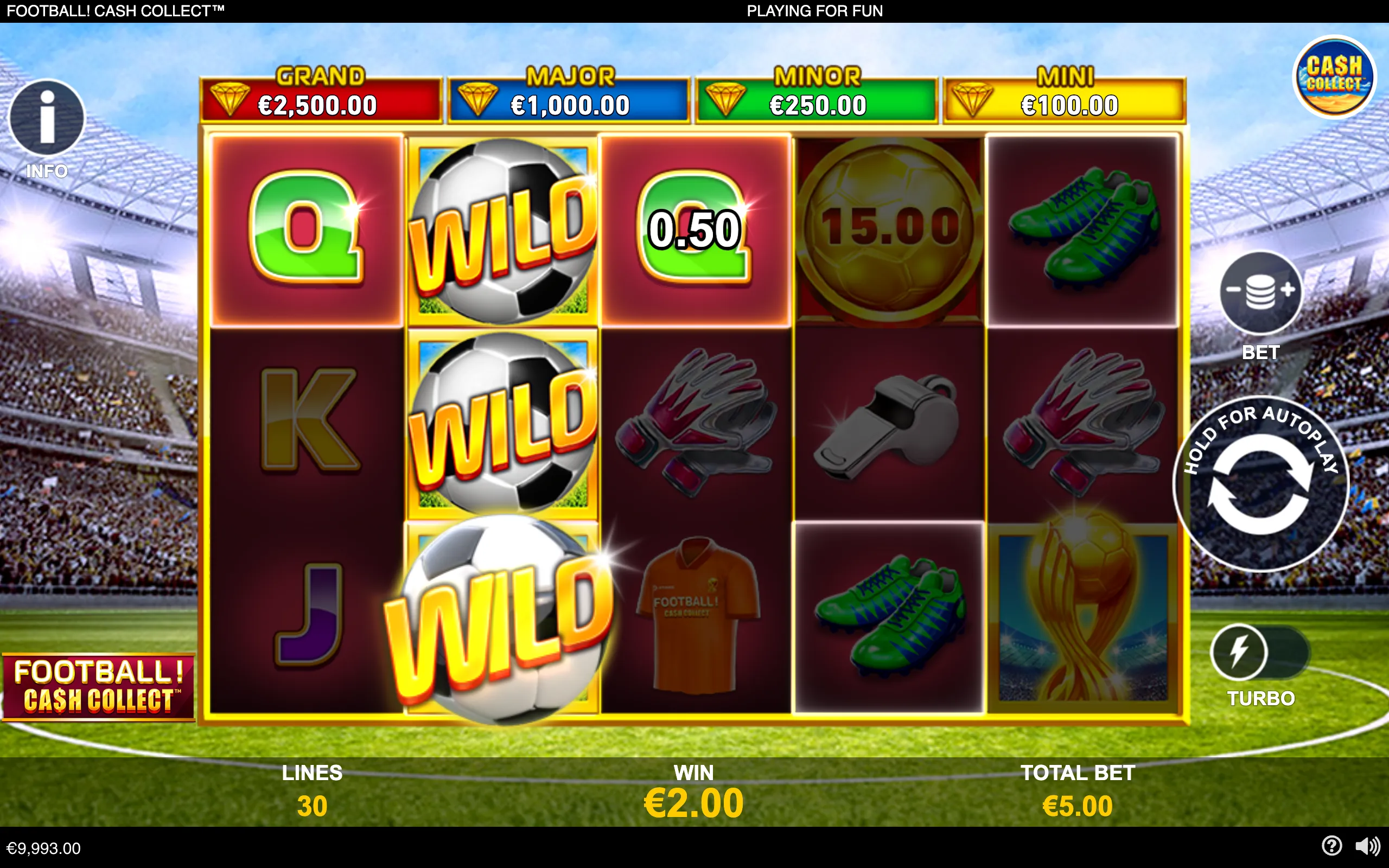 Football-themed slot reels display soccer balls, boots, gloves, a jersey, cash-collect jackpot tiers, and a central WILD symbol against a packed stadium.