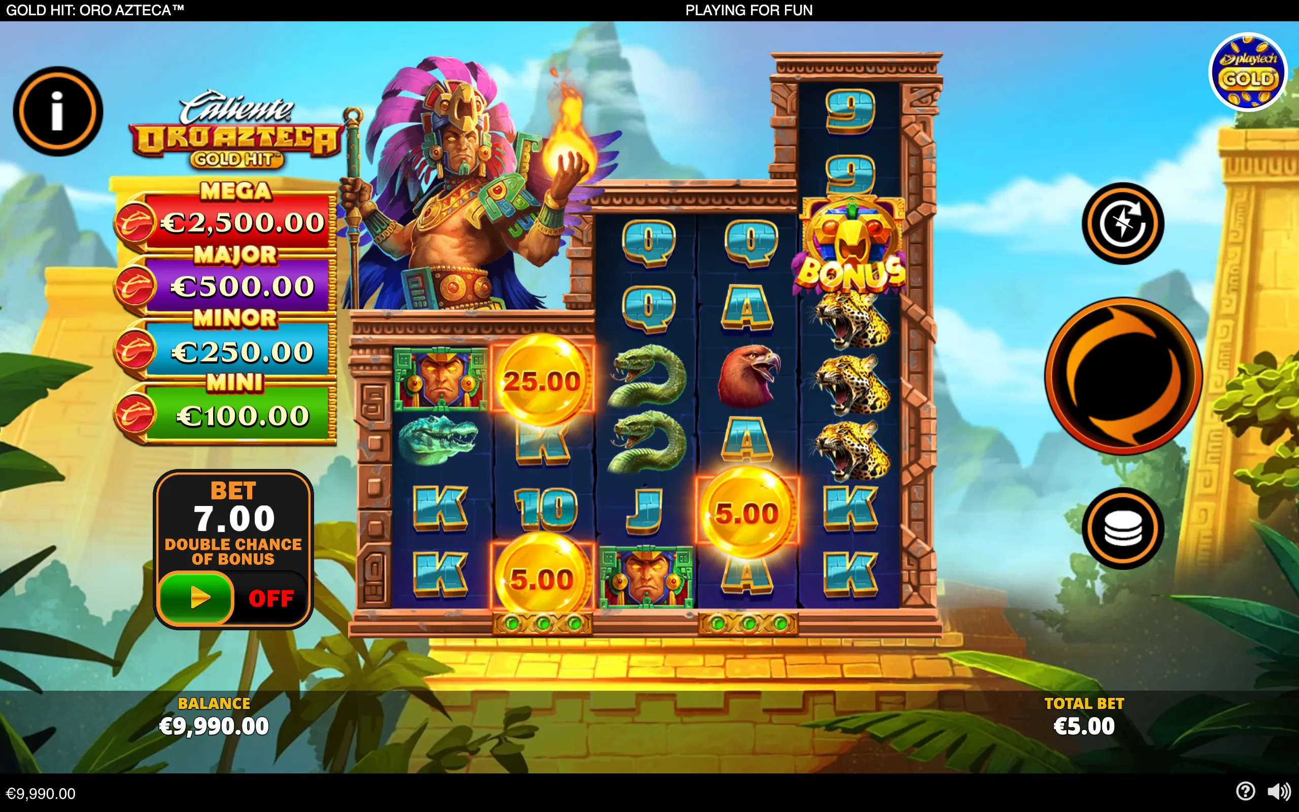 Aztec-themed video slot interface with a feathered warrior, temple ruins, animal symbols, glowing cash-value coins, and Mega, Major, Minor, and Mini jackpot amounts.