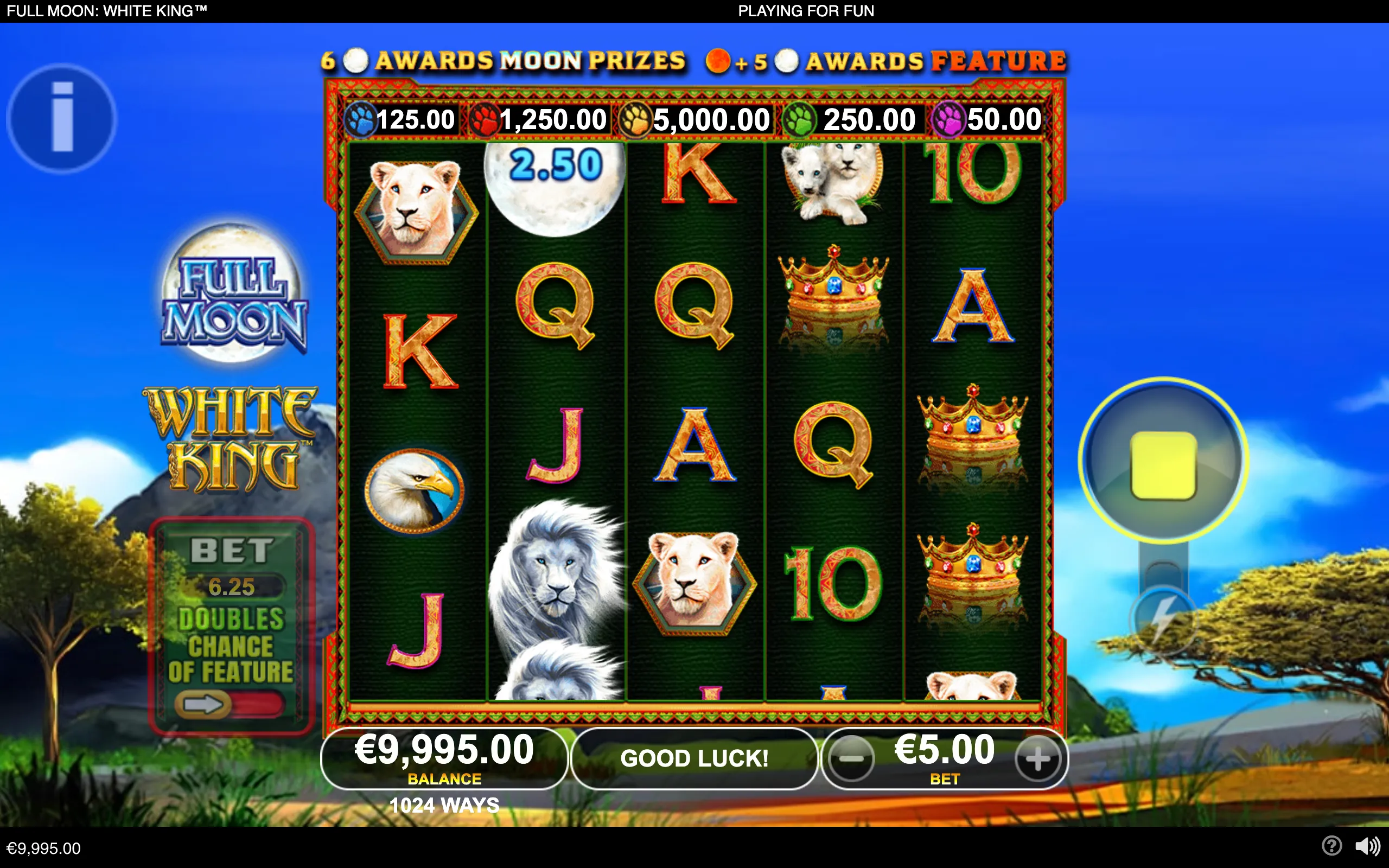 Full Moon: White King slot interface with white lions, a bald eagle, jeweled crowns, moon prize values, and a savannah landscape.