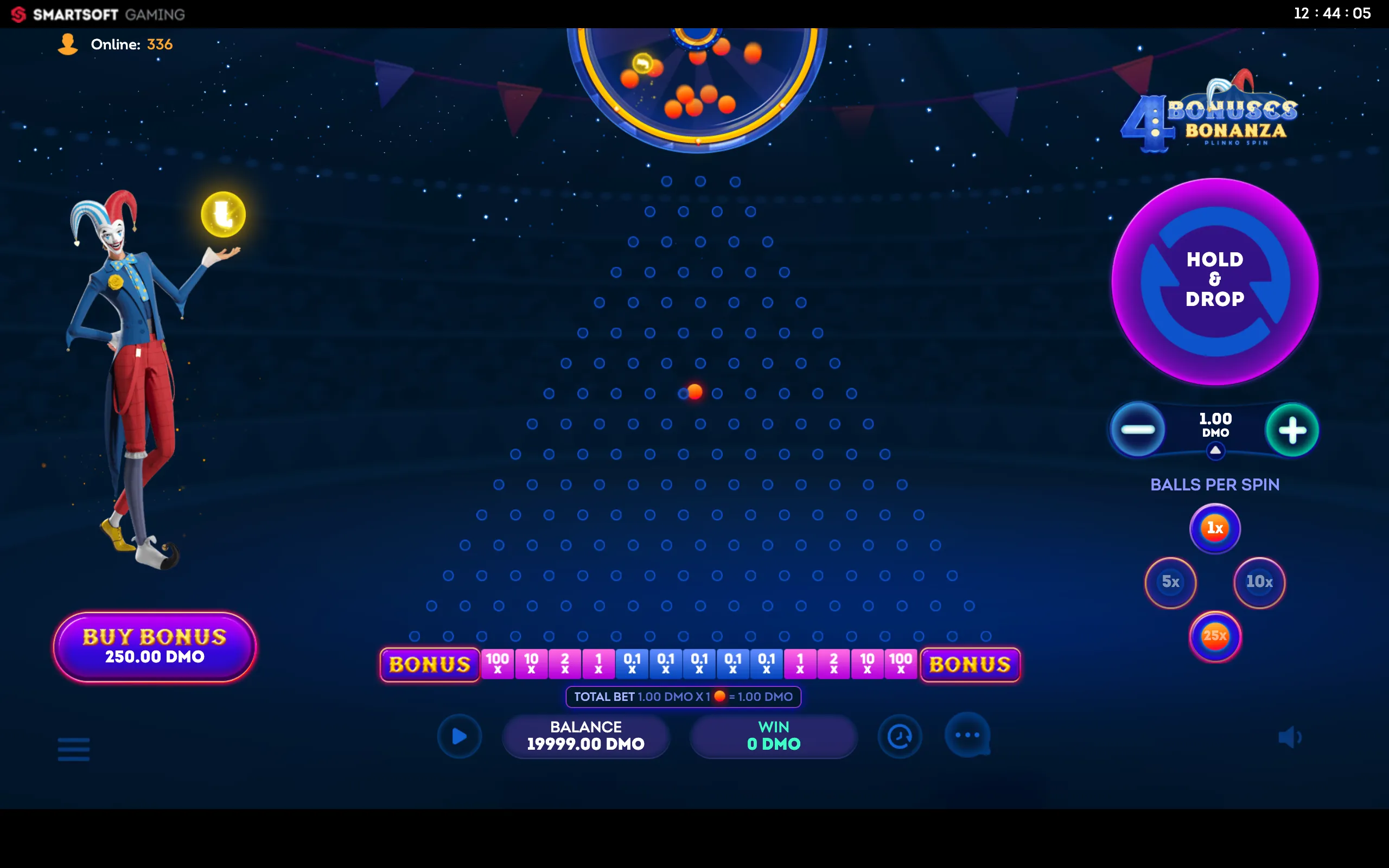A neon Plinko slot interface features a smiling jester, glowing orange balls, a blue peg board, multiplier pockets, and a prominent Hold & Drop control.