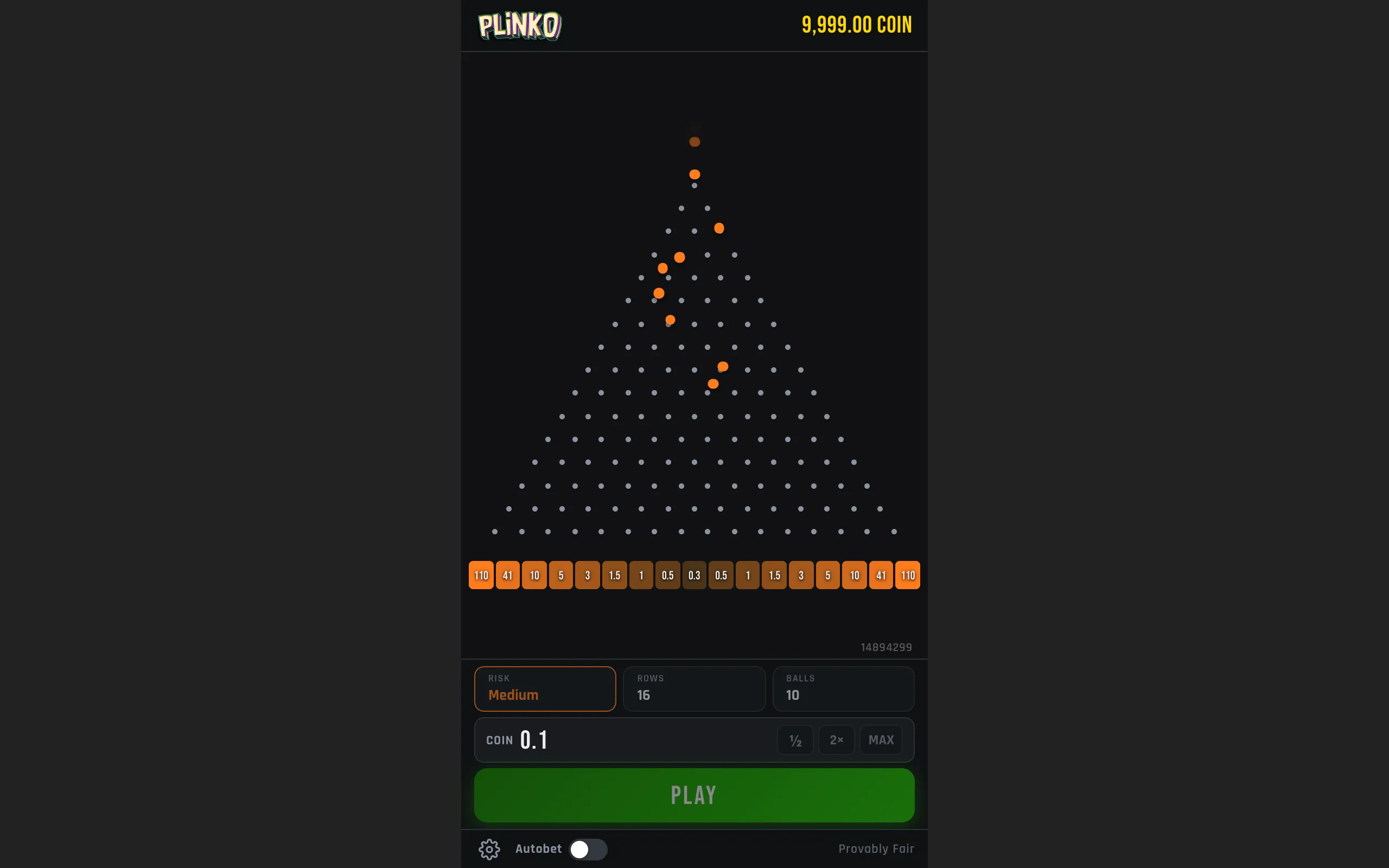 YOriginal Plinko game interface with orange balls descending through a 16-row pegboard toward multiplier slots ranging from 0.3x to 110x, with medium risk and 10 balls selected.